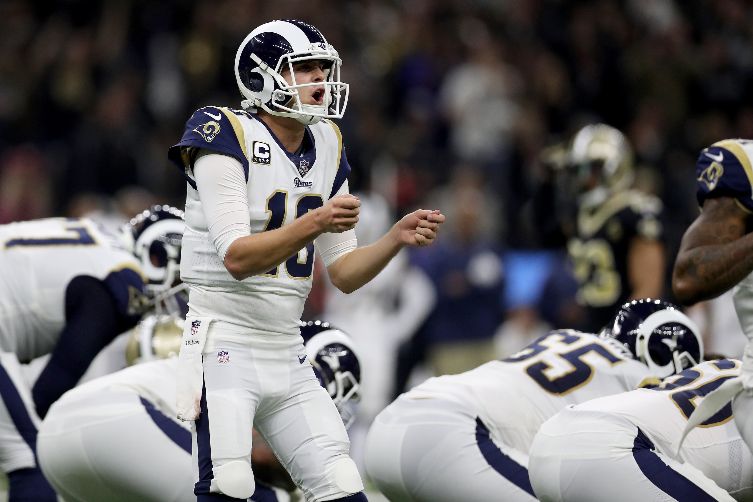NEW ORLEANS, LOUISIANA - JANUARY 20: Jared Goff #16 of the Los Angeles Rams calls a play against the New Orleans Saints during the fourth quarter in the NFC Championship game at the Mercedes-Benz Superdome on January 20, 2019 in New Orleans, Louisiana. (P