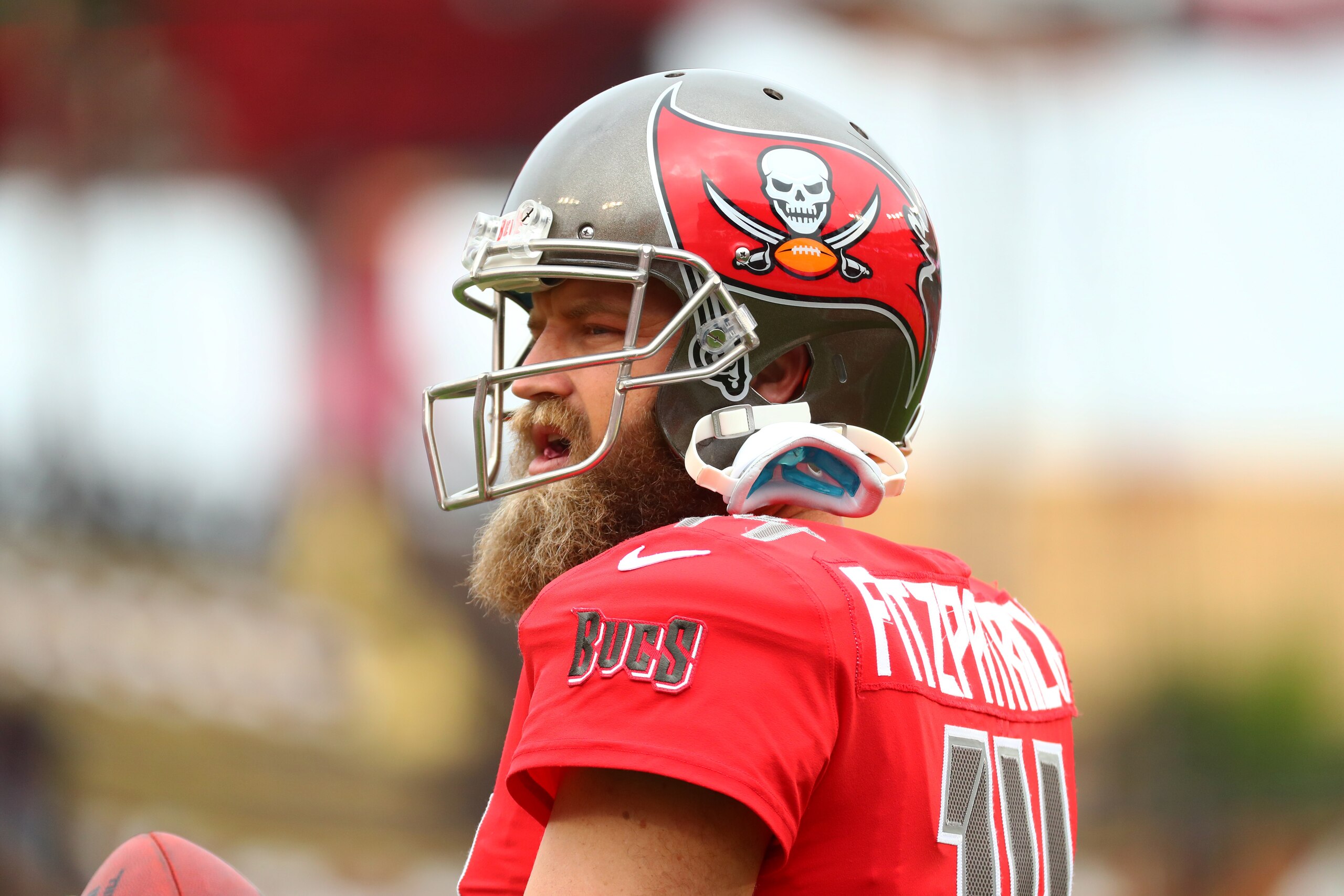 TAMPA, FLORIDA - DECEMBER 09: Ryan Fitzpatrick #14 of the Tampa Bay Buccaneers looks on during warm-ups before a game against the New Orleans Saints at Raymond James Stadium on December 09, 2018 in Tampa, Florida. (Photo by Will Vragovic/Getty Images)