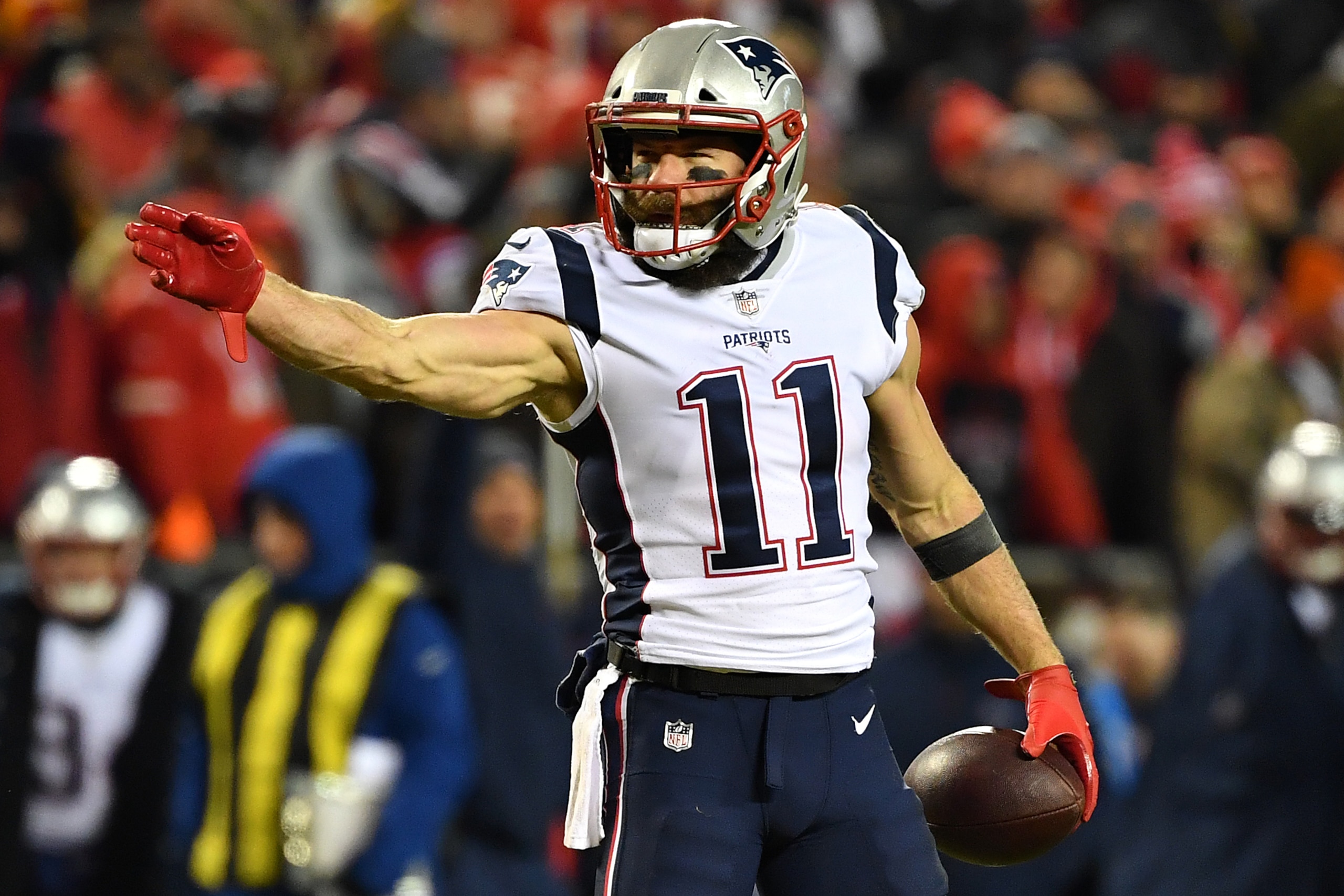 KANSAS CITY, MISSOURI - JANUARY 20: Julian Edelman #11 of the New England Patriots reacts after a first down in the first quarter against the Kansas City Chiefs during the AFC Championship Game at Arrowhead Stadium on January 20, 2019 in Kansas City, Miss