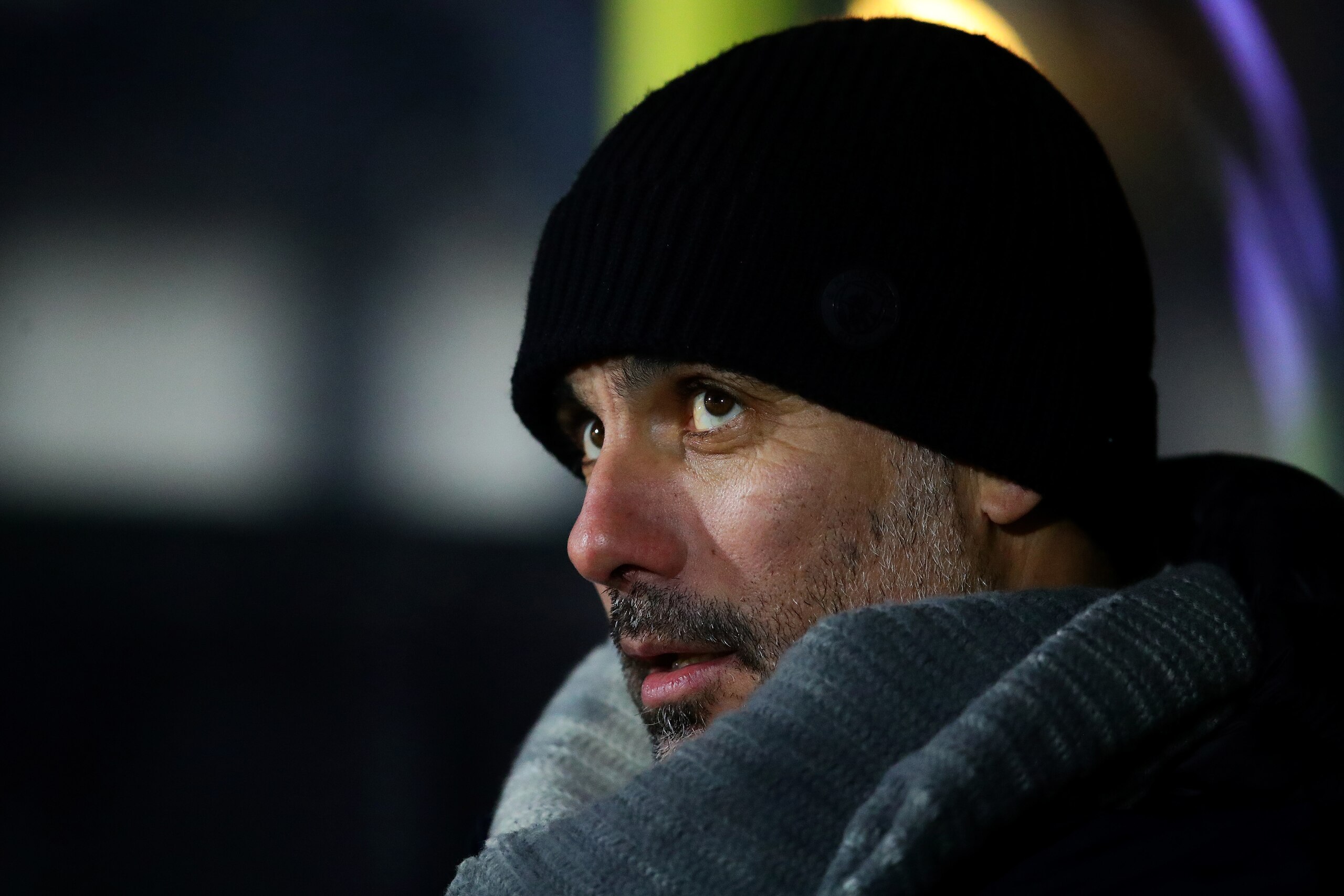 BURTON-UPON-TRENT, ENGLAND - JANUARY 23: Manchester City manager Josep Guardiola looks on during the Carabao Cup Semi Final Second Leg match between Burton Albion and Manchester City at Pirelli Stadium on January 23, 2019 in Burton-upon-Trent, United King