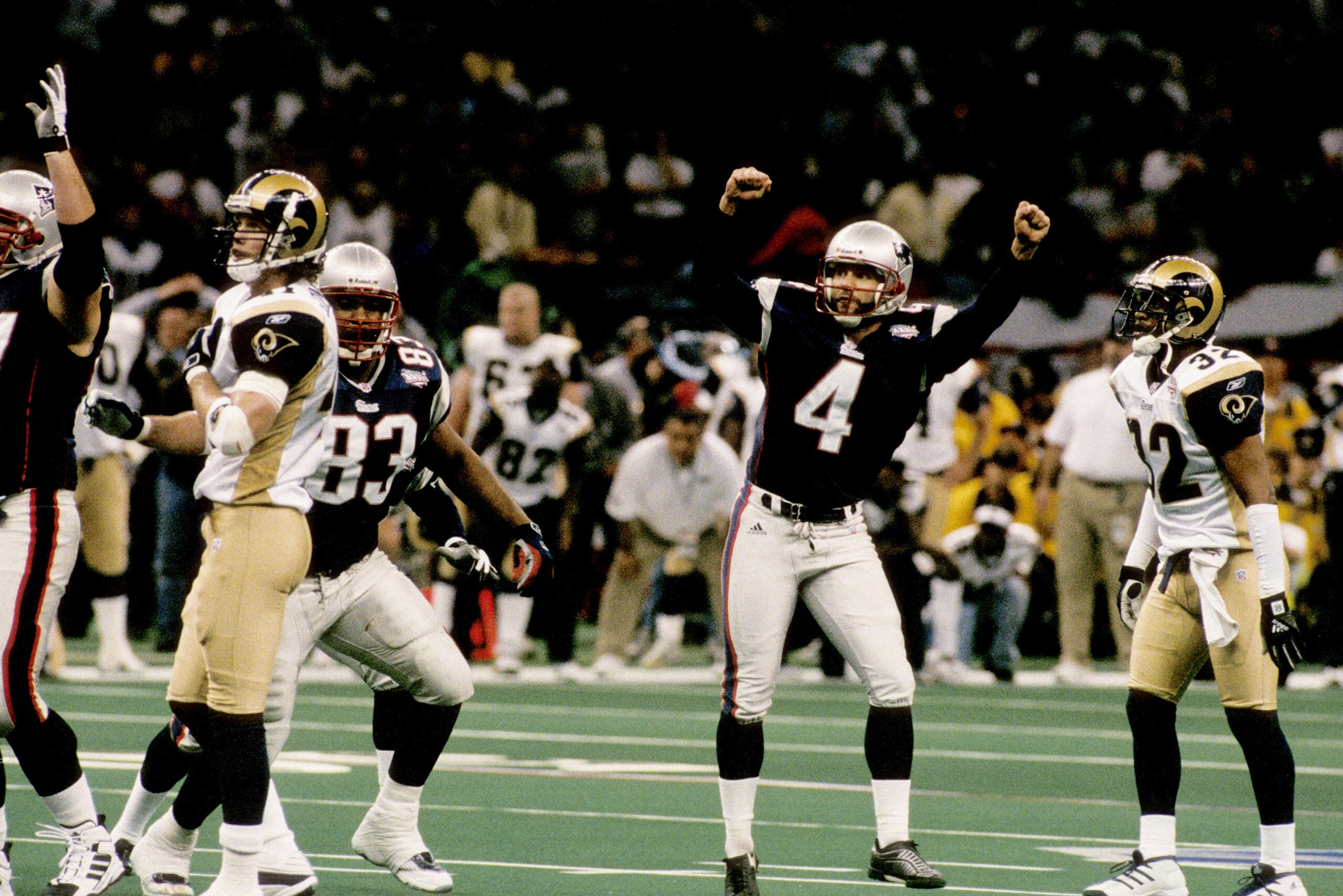 New England Patriots kicker Adam Vinatieri (4) celebrates his 48-yard game-winning kick during Super Bowl XXXVI, a 20-17 victory over the St. Louis Rams on February 3, 2002, at the Louisiana Superdome in New Orleans, Louisiana. (Photo by Sylvia Allen/Gett