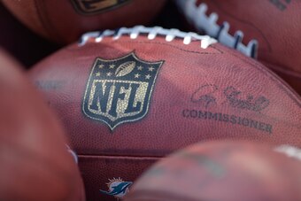 CHARLOTTE, NC - AUGUST 17:  Detail photos of footballs with the signature of NFL commissioner Roger Goodell during the game between the Carolina Panthers and the Miami Dolphins at Bank of America Stadium on August 17, 2018 in Charlotte, North Carolina.  (