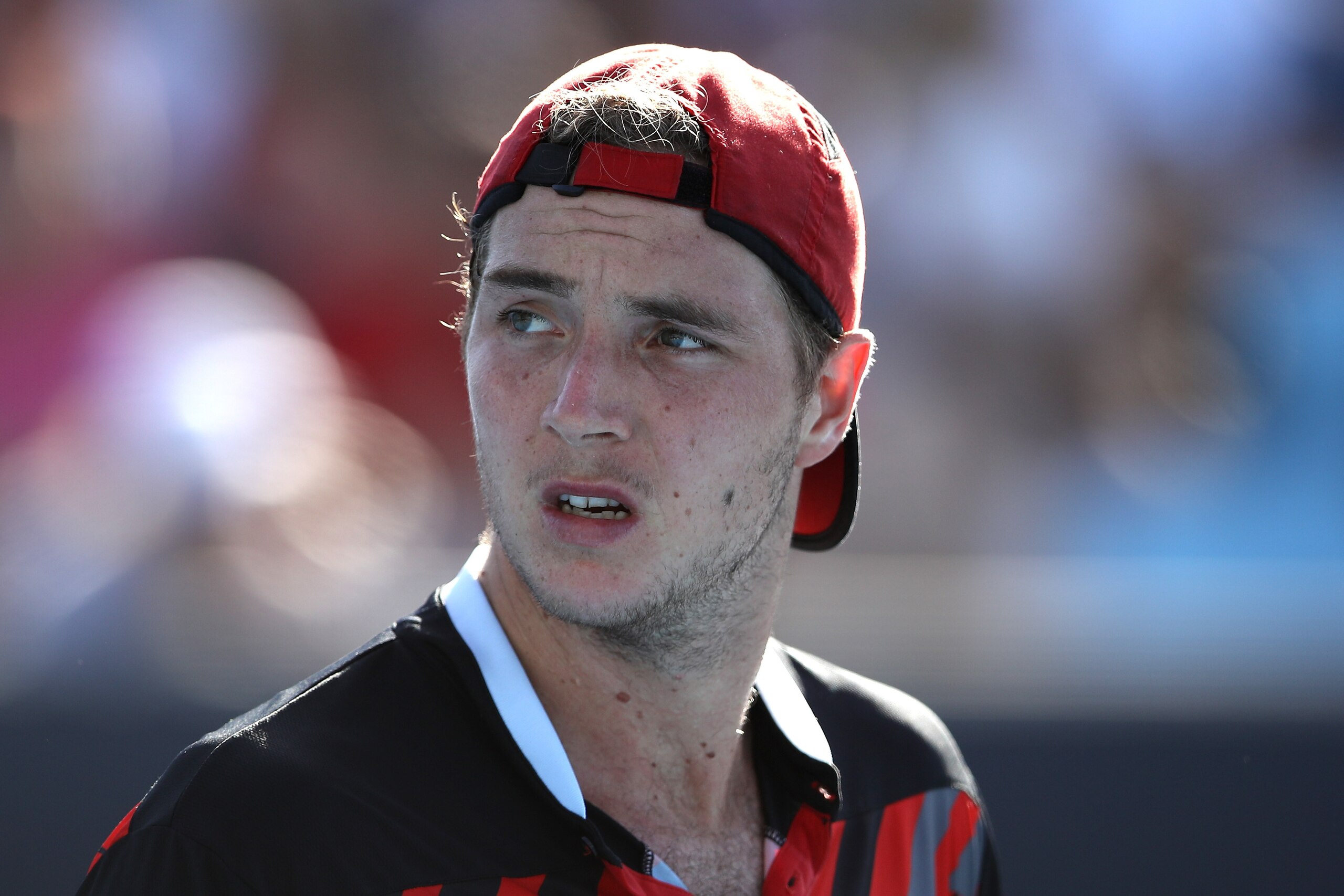 MELBOURNE, AUSTRALIA - JANUARY 14:  Jan-Lennard Struff of Germany looks on in his first round match against Matthew Ebden of Australia during day one of the 2019 Australian Open at Melbourne Park on January 14, 2019 in Melbourne, Australia.  (Photo by Mar