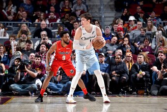 CLEVELAND, OH - JANUARY 29:  Cedi Osman #16 of the Cleveland Cavaliers handles the ball against Chasson Randle #9 of the Washington Wizards on January 29, 2019 at Quicken Loans Arena in Cleveland, Ohio. NOTE TO USER: User expressly acknowledges and agrees