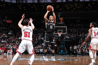 BROOKLYN, NY - JANUARY 29:  Shabazz Napier #13 of the Brooklyn Nets shoots the ball against the Chicago Bulls on January 29, 2019 at Barclays Center in Brooklyn, New York. NOTE TO USER: User expressly acknowledges and agrees that, by downloading and or us