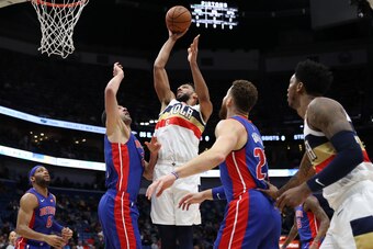 NEW ORLEANS, LOUISIANA - JANUARY 23: Jahlil Okafor #8 of the New Orleans Pelicans shoots the ball over Jon Leuer #30 of the Detroit Pistons at Smoothie King Center on January 23, 2019 in New Orleans, Louisiana.  NOTE TO USER: User expressly acknowledges a