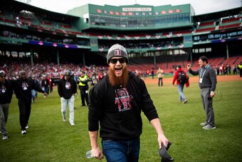 BOSTON, MA - OCTOBER 31: Craig Kimbrel #46 of the Boston Red Sox reacts during the 2018 World Series rolling rally parade on October 31, 2018 in Boston, Massachusetts. (Photo by Billie Weiss/Boston Red Sox/Getty Images)