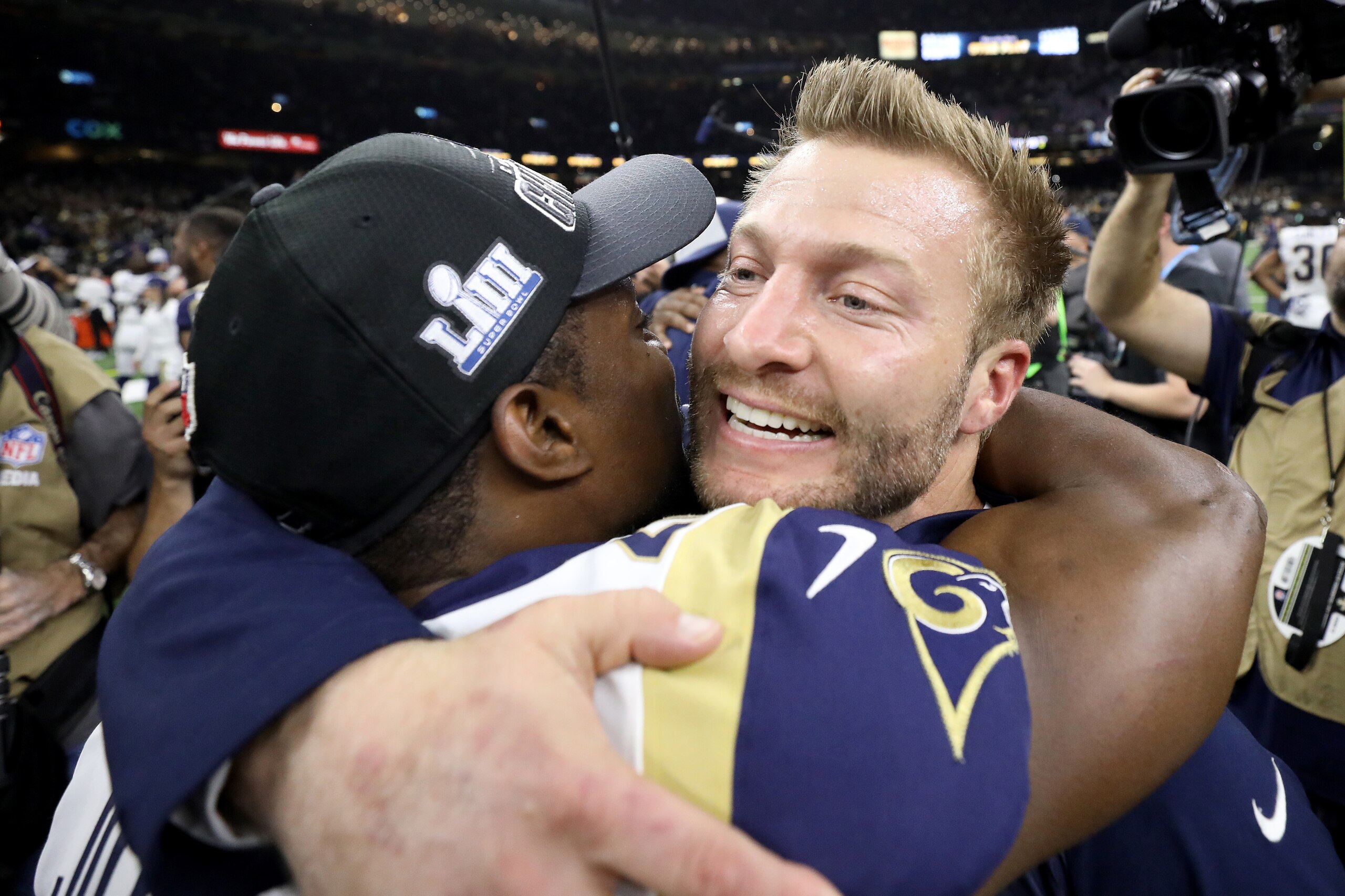 NEW ORLEANS, LOUISIANA - JANUARY 20: Head coach Sean McVay of the Los Angeles Rams celebrates after defeating the New Orleans Saints in the NFC Championship game at the Mercedes-Benz Superdome on January 20, 2019 in New Orleans, Louisiana. The Los Angel NEW ORLEANS, LOUISIANA - JANUARY 20: Head coach Sean McVay of the Los Angeles Rams celebrates after defeating the New Orleans Saints in the NFC Championship game at the Mercedes-Benz Superdome on January 20, 2019 in New Orleans, Louisiana. The Los Angel
