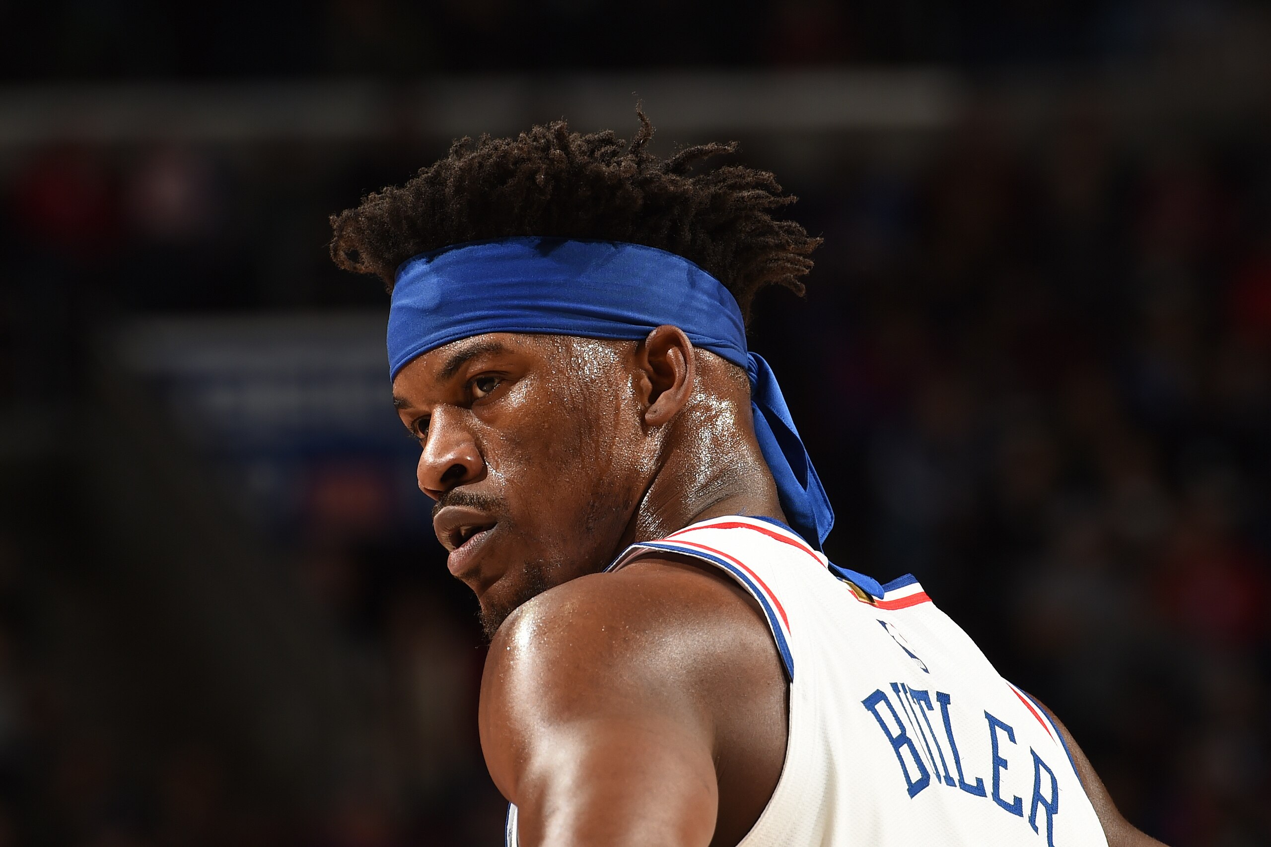 PHILADELPHIA, PA - JANUARY 19:  Jimmy Butler #23 of the Philadelphia 76ers looks on against the Oklahoma City Thunder on January 19, 2019 at the Wells Fargo Center in Philadelphia, Pennsylvania NOTE TO USER: User expressly acknowledges and agrees that, by