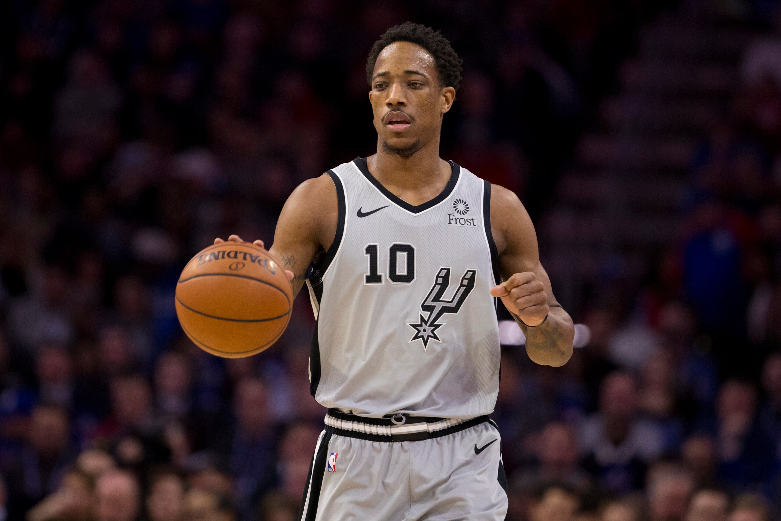 PHILADELPHIA, PA - JANUARY 23: DeMar DeRozan #10 of the San Antonio Spurs dribbles the ball against the Philadelphia 76ers at the Wells Fargo Center on January 23, 2019 in Philadelphia, Pennsylvania. The 76ers defeated the Spurs 122-120. NOTE TO USER: Use