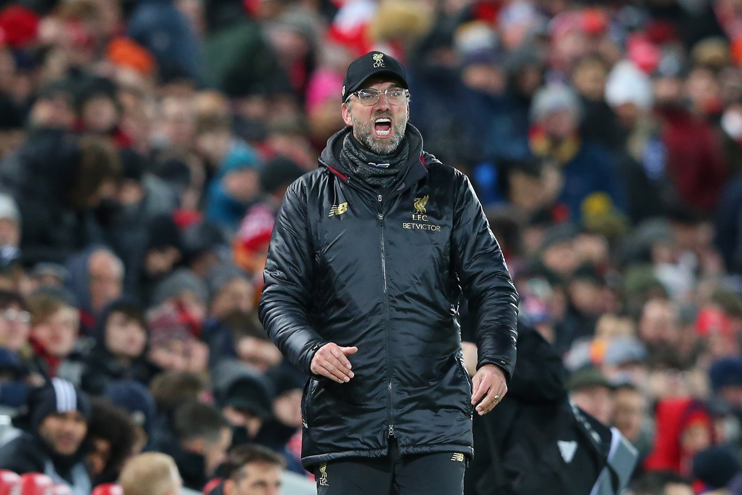 LIVERPOOL, ENGLAND - JANUARY 30:  Jurgen Klopp the manager of Liverpool FC reacts during the Premier League match between Liverpool FC and Leicester City at Anfield on January 30, 2019 in Liverpool, United Kingdom.  (Photo by Alex Livesey - Danehouse/Gett