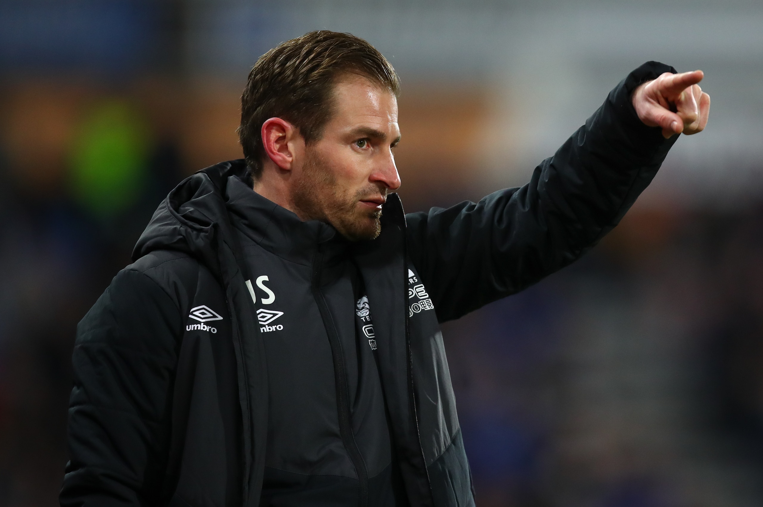 HUDDERSFIELD, ENGLAND - JANUARY 29:  Jan Siewert the head coach / manager of Huddersfield Town gestures during the Premier League match between Huddersfield Town and Everton FC at John Smith's Stadium on January 29, 2019 in Huddersfield, United Kingdom. (