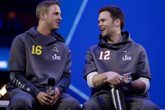 Jared Goff and Tom Brady meet the press.