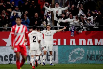 GIRONA, SPAIN - JANUARY 31: Marcos Llorenta of Real Madrid celebrates 1-3 during the Spanish Copa del Rey  match between Girona v Real Madrid at the Estadi Municipal Montilivi on January 31, 2019 in Girona Spain (Photo by Jeroen Meuwsen/Soccrates/Getty Im