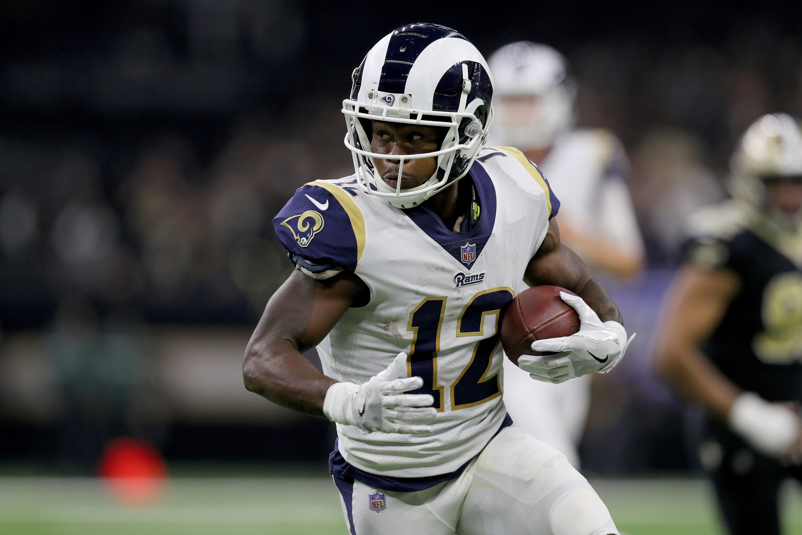 NEW ORLEANS, LOUISIANA - JANUARY 20: Brandin Cooks #12 of the Los Angeles Rams runs the ball against the New Orleans Saints during the third quarter in the NFC Championship game at the Mercedes-Benz Superdome on January 20, 2019 in New Orleans, Louisiana.