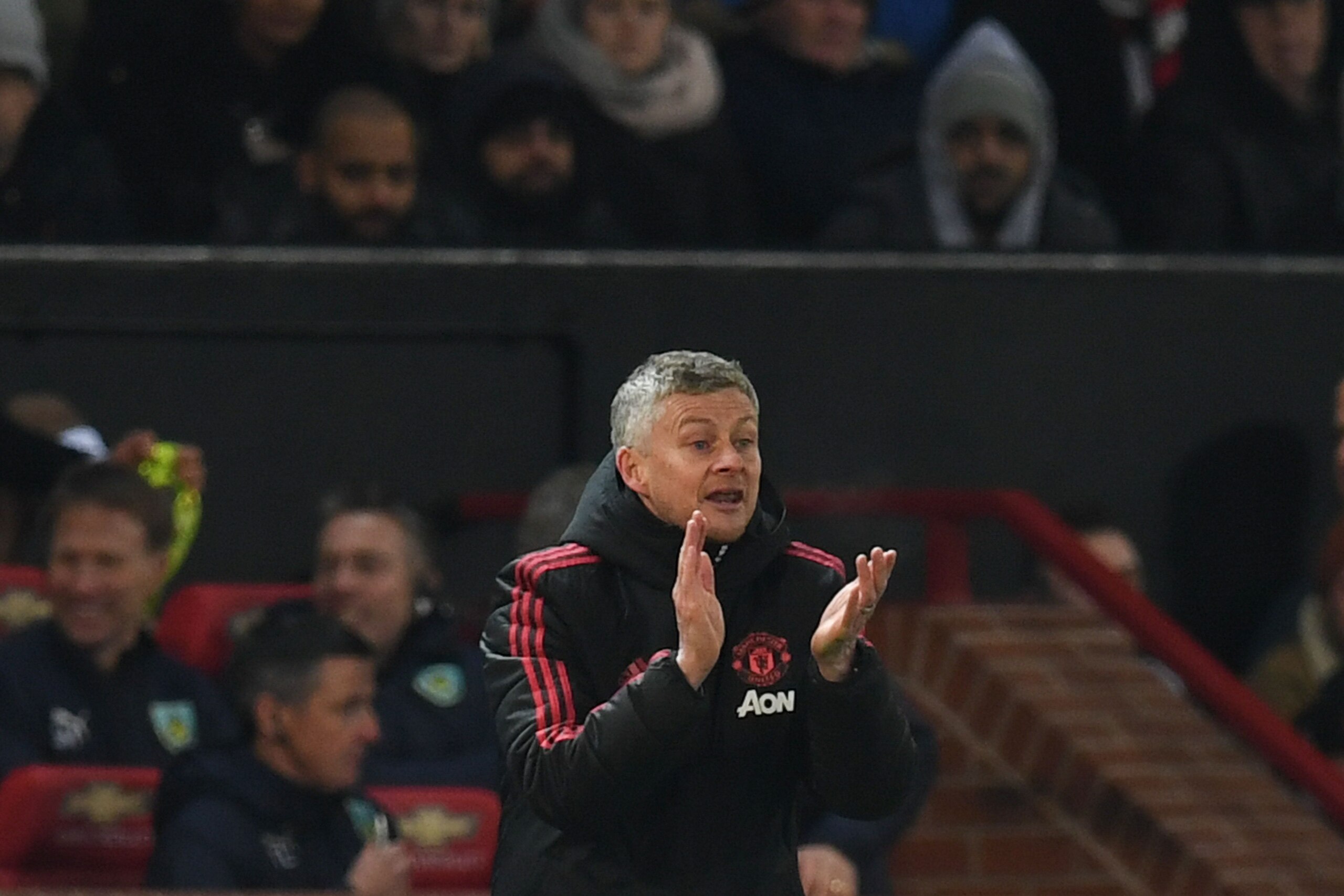 Manchester United's  Norwegian caretaker manager Ole Gunnar Solskjaer gestures on the touchline during the English Premier League football match between Manchester United and Burnley at Old Trafford in Manchester, north west England, on January 29, 2019. 