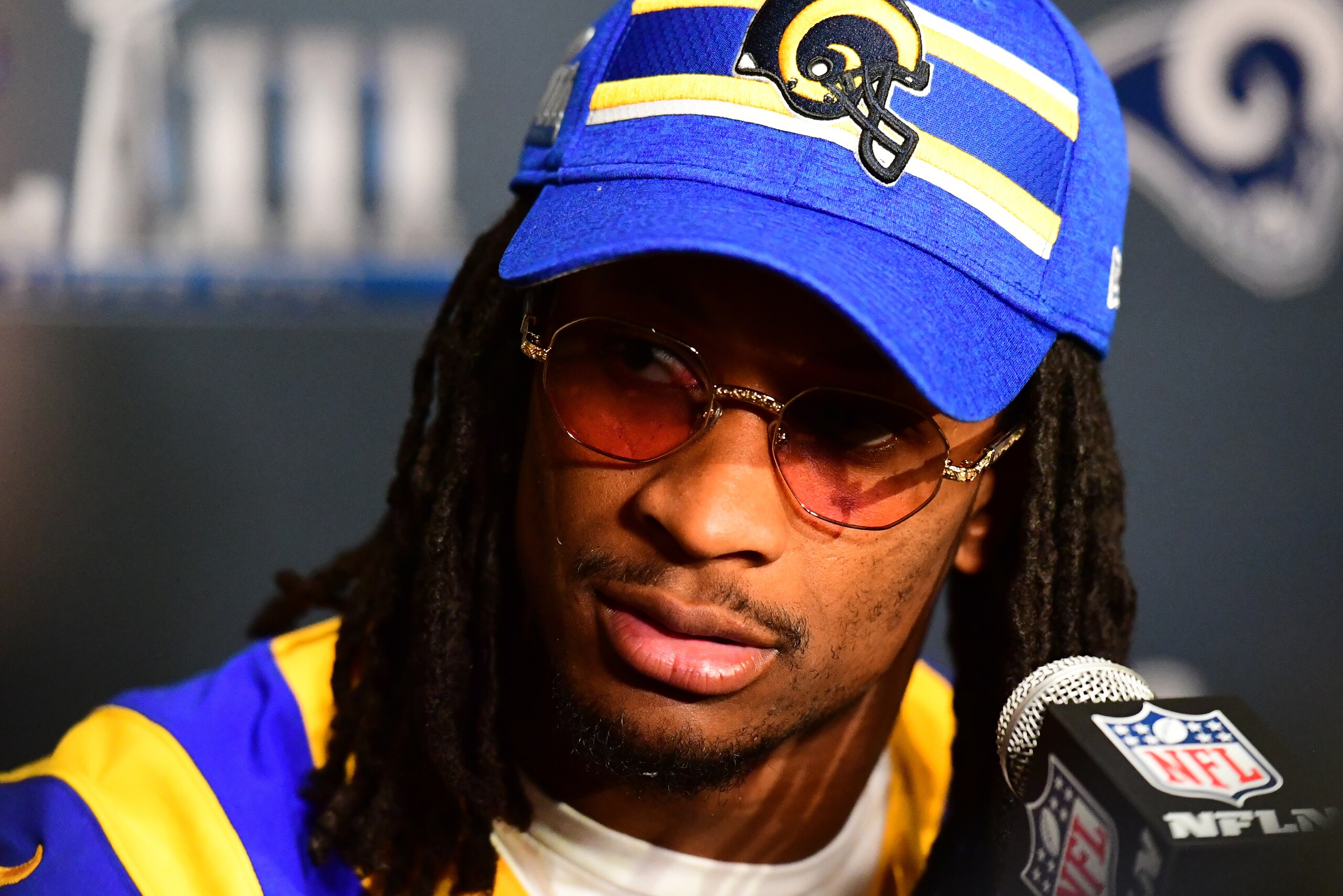 ATLANTA, GA - JANUARY 30: Todd Gurley #30 of the Los Angeles Rams speaks during Rams media availability for Super Bowl LIII at the Marriott Atlanta Buckhead on January 30, 2019 in Atlanta, Georgia. (Photo by Scott Cunningham/Getty Images) ATLANTA, GA - JANUARY 30: Todd Gurley #30 of the Los Angeles Rams speaks during Rams media availability for Super Bowl LIII at the Marriott Atlanta Buckhead on January 30, 2019 in Atlanta, Georgia. (Photo by Scott Cunningham/Getty Images)