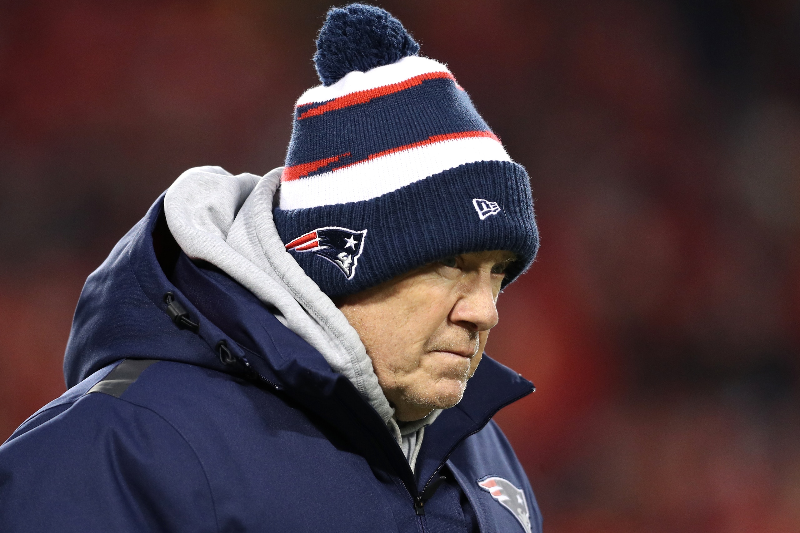 KANSAS CITY, MISSOURI - JANUARY 20: Head coach Bill Belichick of the New England Patriots looks on prior to the AFC Championship Game against the Kansas City Chiefs at Arrowhead Stadium on January 20, 2019 in Kansas City, Missouri. (Photo by Patrick Smith KANSAS CITY, MISSOURI - JANUARY 20: Head coach Bill Belichick of the New England Patriots looks on prior to the AFC Championship Game against the Kansas City Chiefs at Arrowhead Stadium on January 20, 2019 in Kansas City, Missouri. (Photo by Patrick Smith