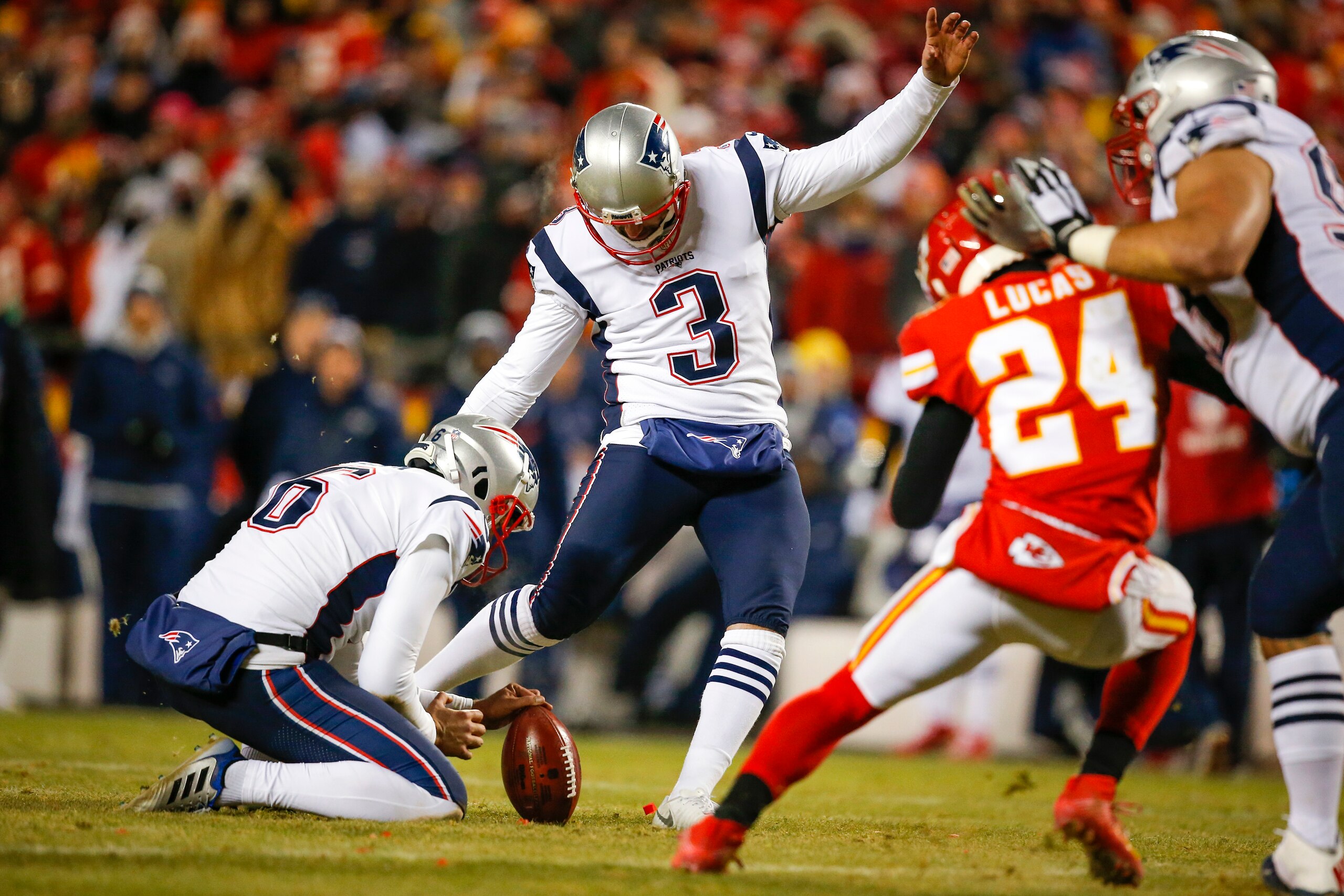 KANSAS CITY, MO - JANUARY 20: Kicker Stephen Gostkowski #3 of the New England Patriots converts the extra point following a touchdown in the fourth quarter in the AFC Championship Game at Arrowhead Stadium on January 20, 2019 in Kansas City, Missouri. (Ph
