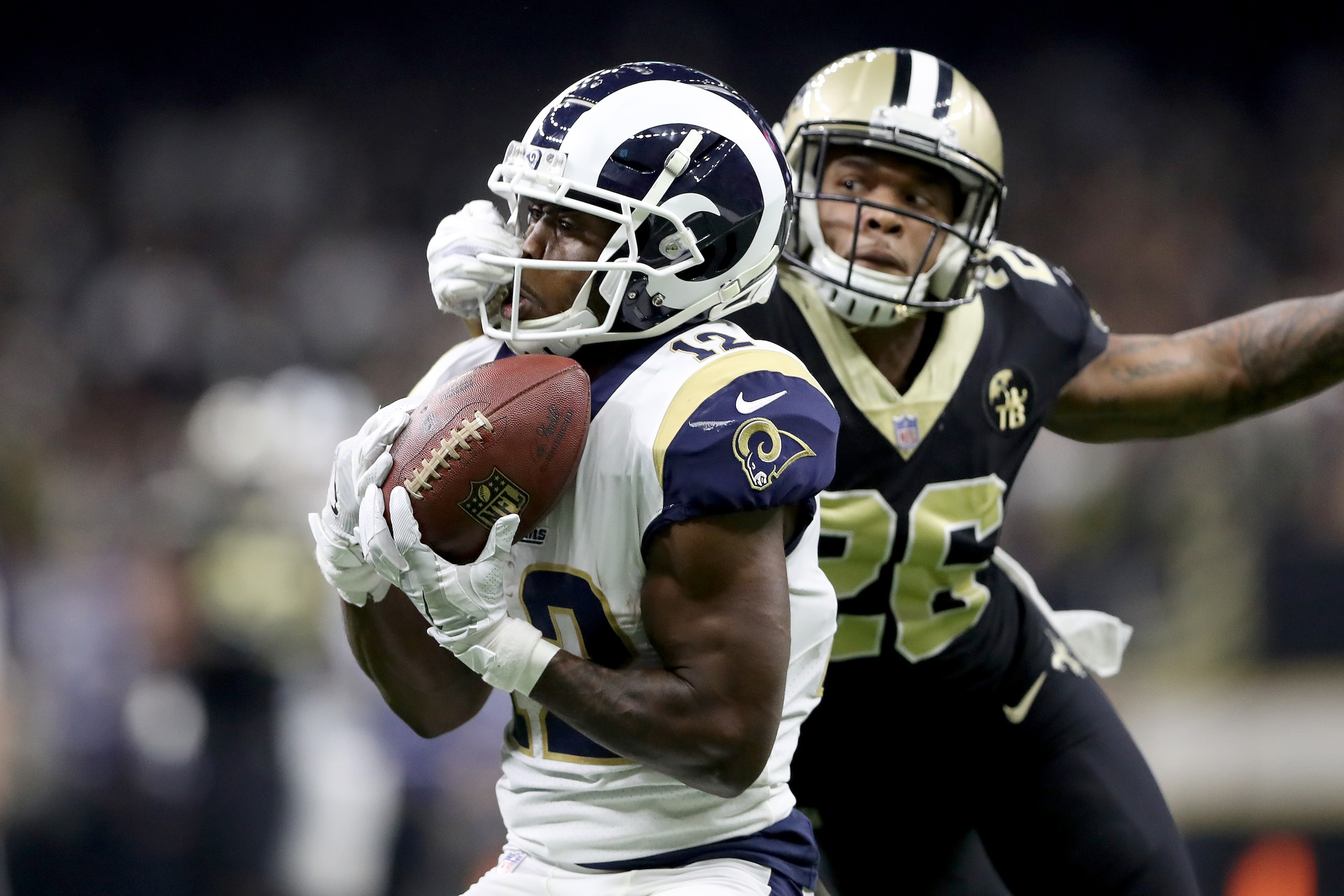 NEW ORLEANS, LOUISIANA - JANUARY 20: Brandin Cooks #12 of the Los Angeles Rams catches a 36 yard pass against P.J. Williams #26 of the New Orleans Saints during the second quarter in the NFC Championship game at the Mercedes-Benz Superdome on January 20, 
