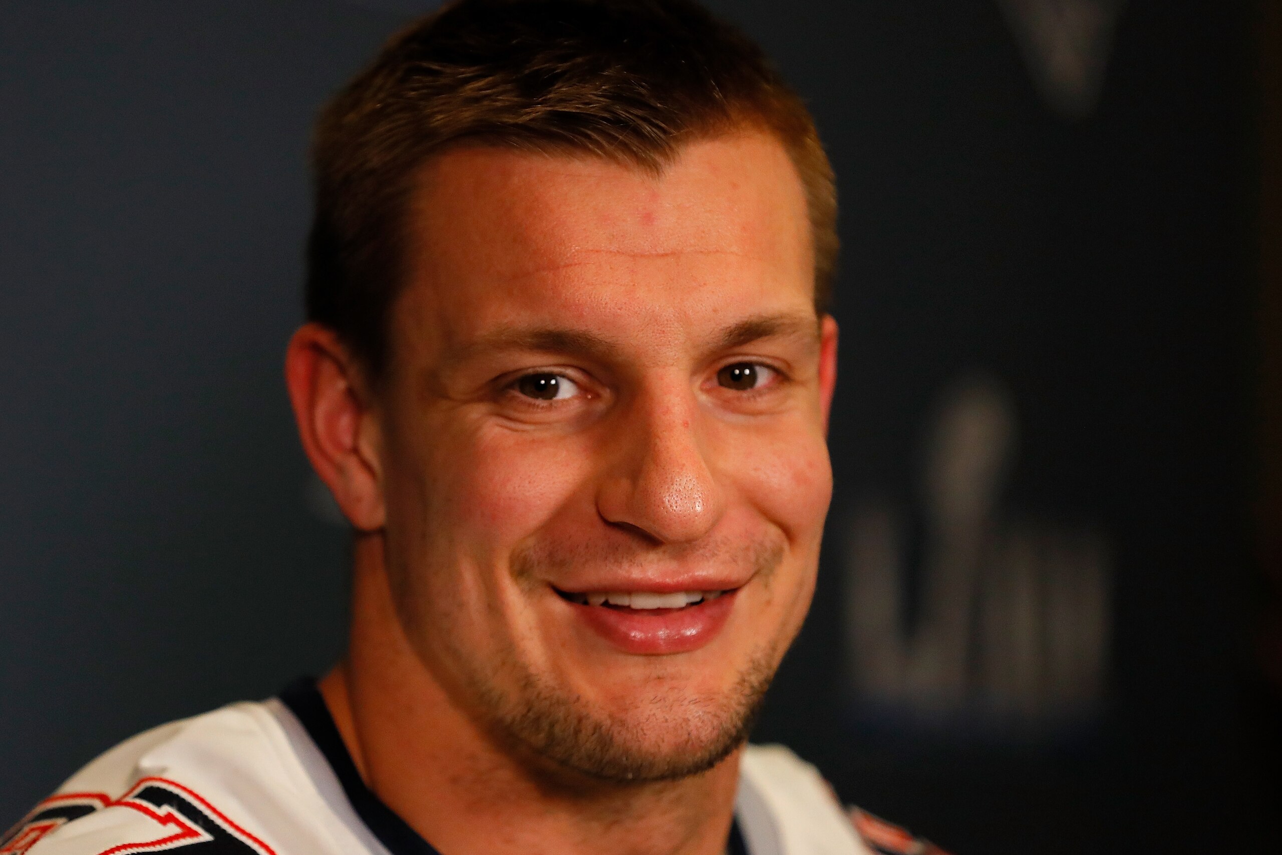 ATLANTA, GEORGIA - JANUARY 31:  Rob Gronkowski #87 of the New England Patriots speaks to the media during the New England Patriots Super Bowl LIII media availability at the Hyatt Regency Atlanta on January 31, 2019 in Atlanta, Georgia. (Photo by Kevin C. 