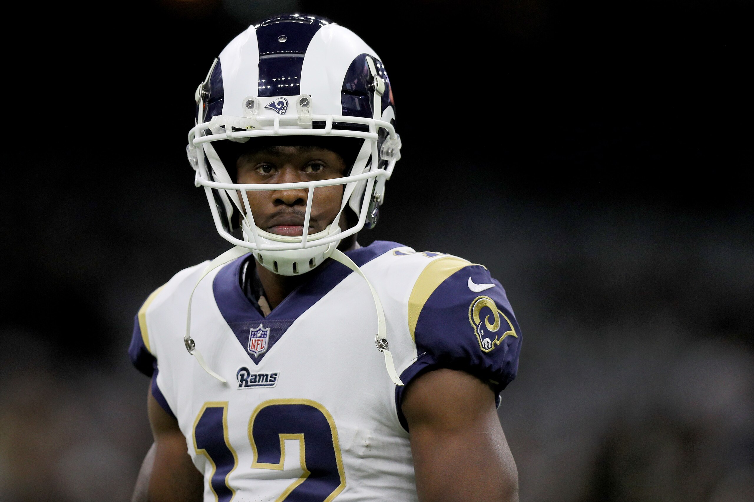 NEW ORLEANS, LOUISIANA - JANUARY 20: Brandin Cooks #12 of the Los Angeles Rams is seen on the field before taking on the New Orleans Saints in the NFC Championship game at the Mercedes-Benz Superdome on January 20, 2019 in New Orleans, Louisiana. (Photo b