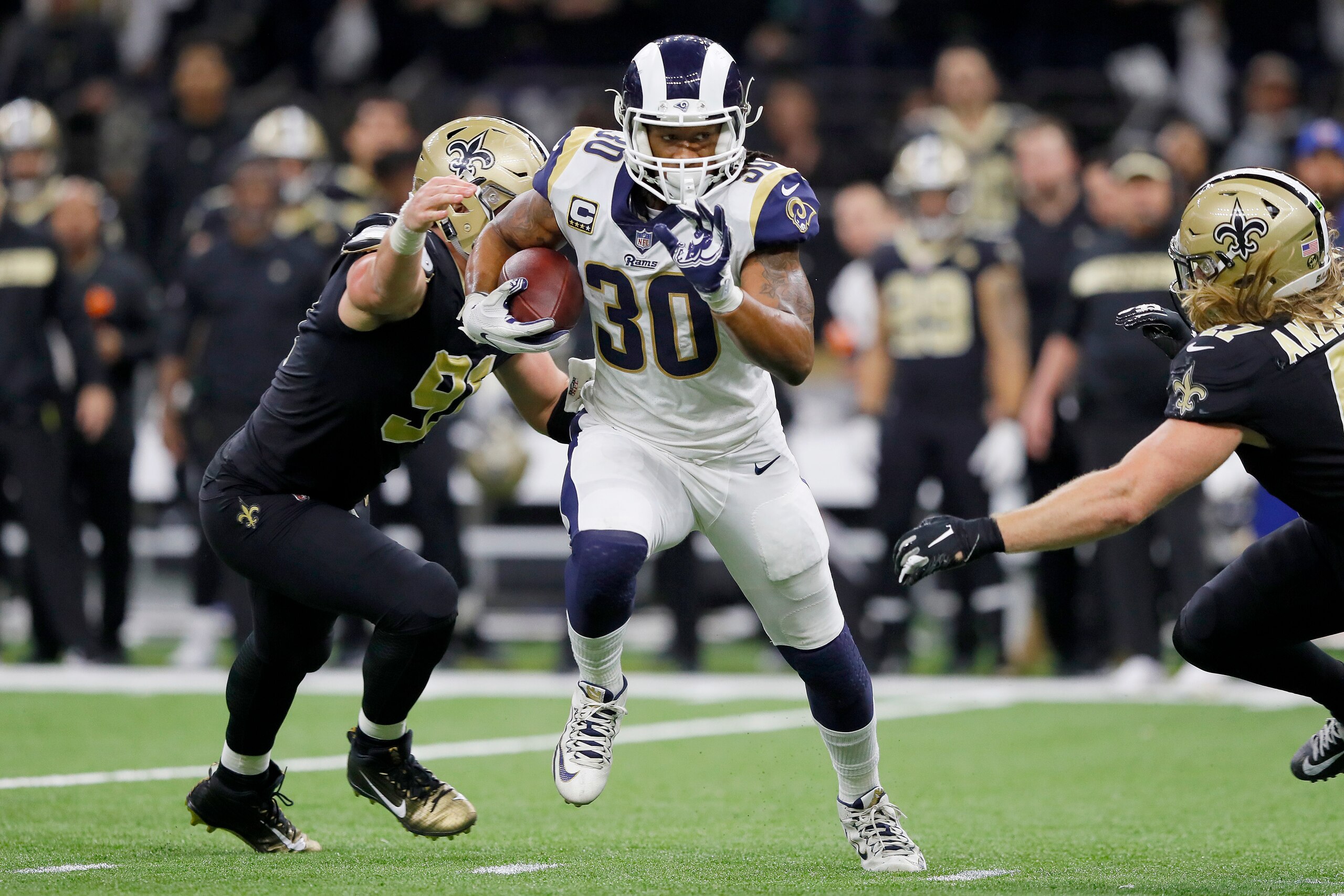 NEW ORLEANS, LOUISIANA - JANUARY 20: Todd Gurley #30 of the Los Angeles Rams runs the ball against the New Orleans Saints during the fourth quarter in the NFC Championship game at the Mercedes-Benz Superdome on January 20, 2019 in New Orleans, Louisiana. 