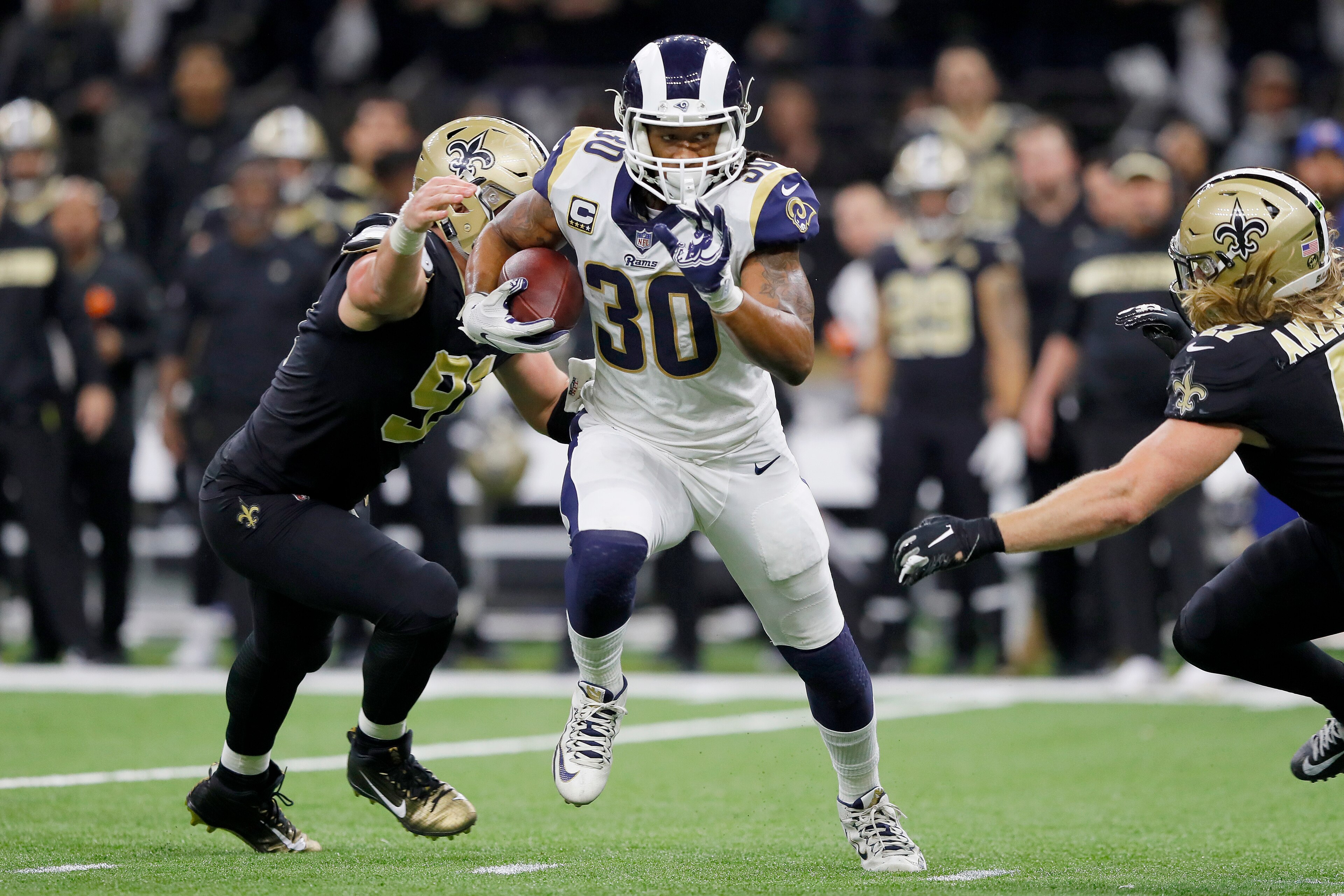 NEW ORLEANS, LOUISIANA - JANUARY 20: Todd Gurley #30 of the Los Angeles Rams runs the ball against the New Orleans Saints during the fourth quarter in the NFC Championship game at the Mercedes-Benz Superdome on January 20, 2019 in New Orleans, Louisiana. 