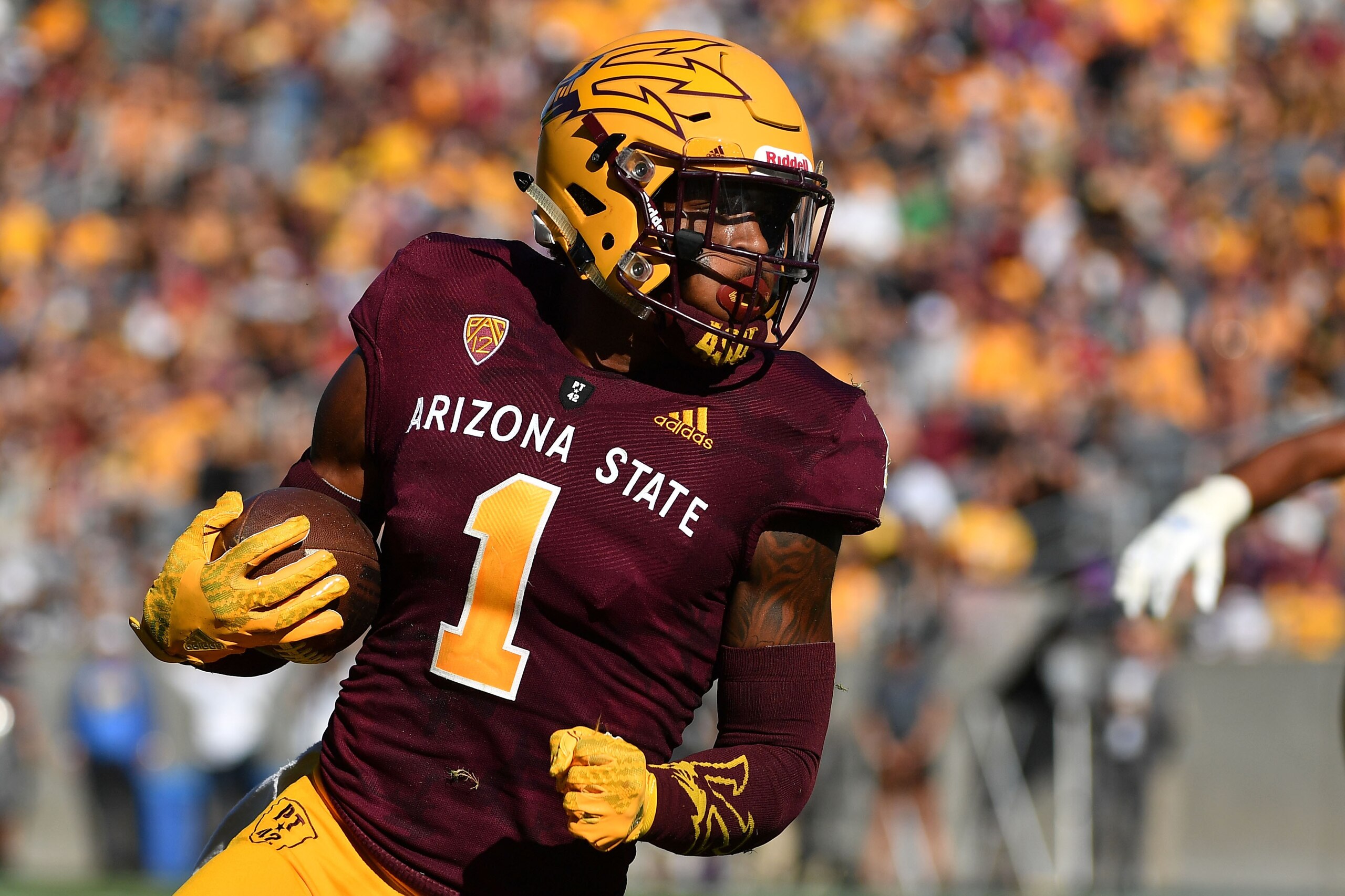 TEMPE, AZ - NOVEMBER 10:  Wide receiver N'Keal Harry #1 of the Arizona State Sun Devils carries in the second half against the UCLA Bruins at Sun Devil Stadium on November 10, 2018 in Tempe, Arizona. The Arizona State Sun Devils won 31-28. (Photo by Jenni