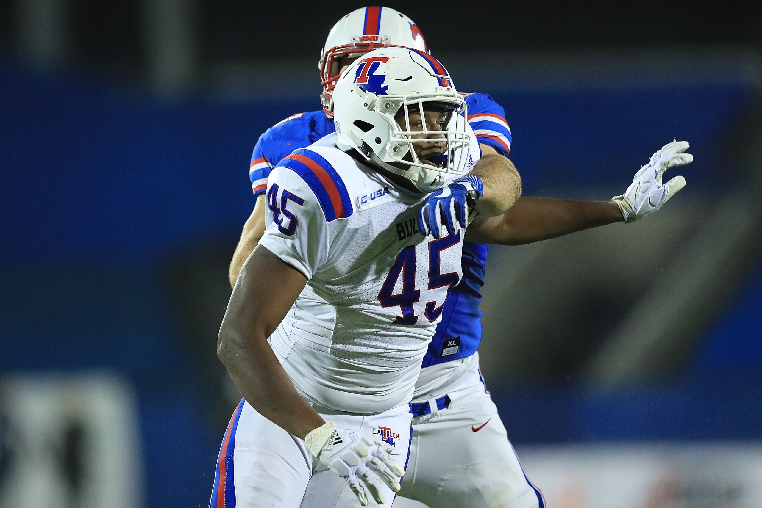 FRISCO, TX - DECEMBER 20:  Jaylon Ferguson #45 of the Louisiana Tech Bulldogs during the 2017 DXL Frisco Bowl on December 20, 2017 in Frisco, Texas.  (Photo by Ronald Martinez/Getty Images)