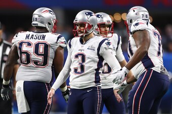 ATLANTA, GEORGIA - FEBRUARY 03:  Stephen Gostkowski #3 of the New England Patriots is congratulated by his teammates after a second quarter field goal against the Los Angeles Rams during Super Bowl LIII at Mercedes-Benz Stadium on February 03, 2019 in Atl