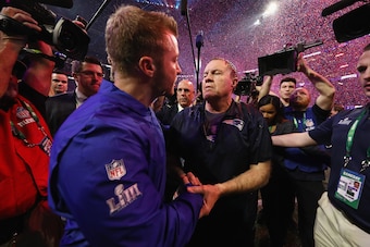 ATLANTA, GA - FEBRUARY 03:  Head Coach Sean McVay of the Los Angeles Rams and Head Coach Bill Belichick of the New England Patriots shake hands at the end of the Super Bowl LIII at Mercedes-Benz Stadium on February 3, 2019 in Atlanta, Georgia. The New Eng