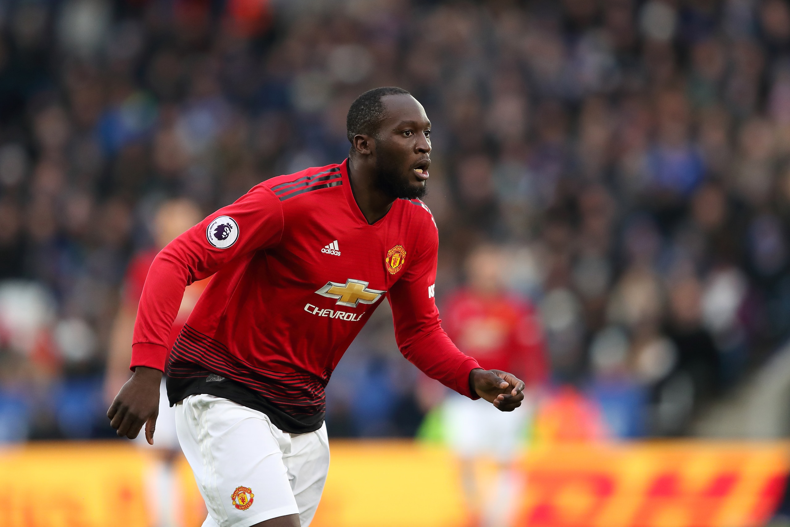 LEICESTER, ENGLAND - FEBRUARY 03: Romelu Lukaku of Manchester United during the Premier League match between Leicester City and Manchester United at The King Power Stadium on February 3, 2019 in Leicester, United Kingdom. (Photo by James Williamson - AMA/