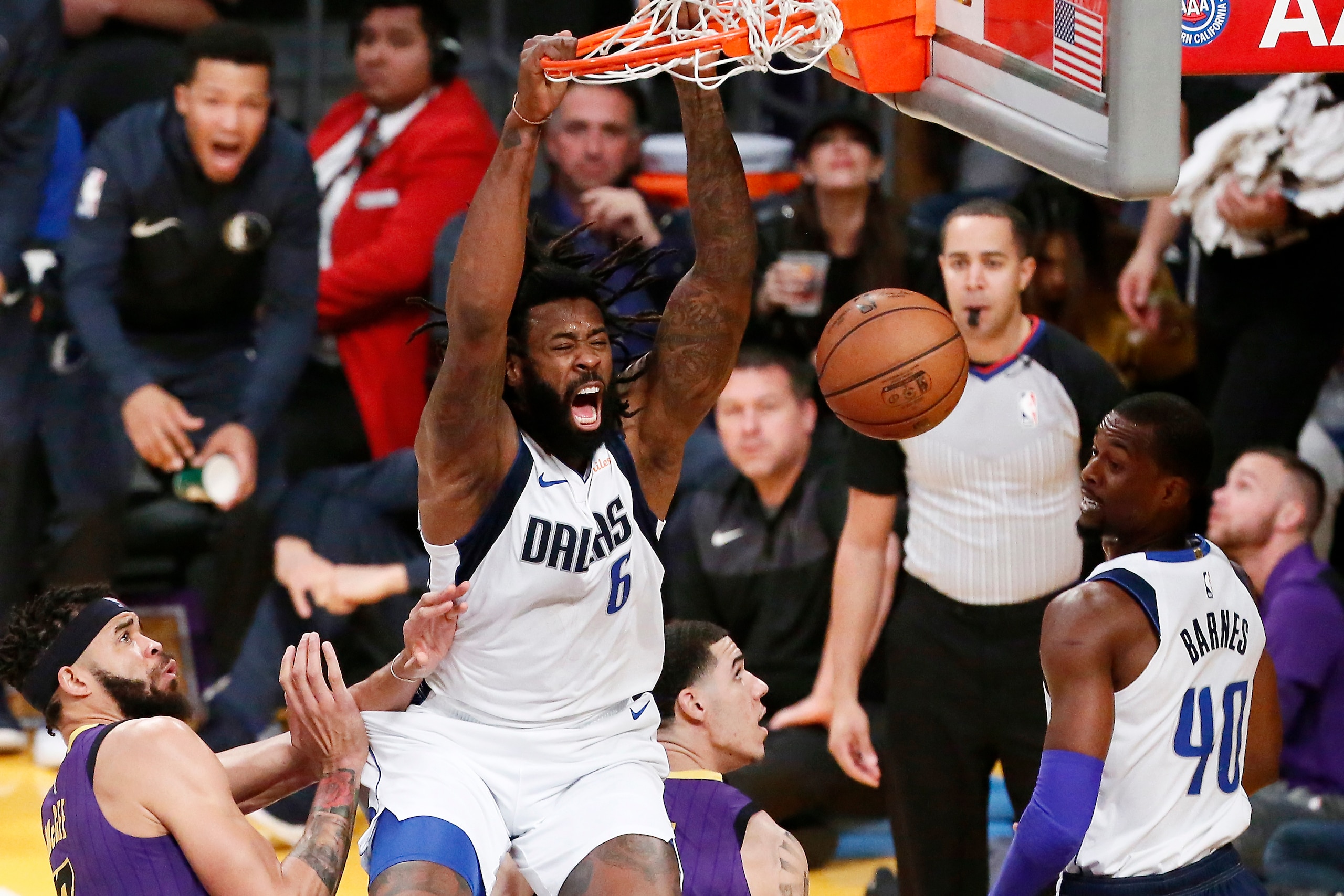 LOS ANGELES, CA - NOVEMBER 30: DeAndre Jordan #6 of the Dallas Mavericks dunks the ball against the Los Angeles Lakers on November 30, 2018 at the Staples Center in Los Angeles, California.   NOTE TO USER: User expressly acknowledges and agrees that, by d