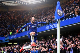 LONDON, ENGLAND - FEBRUARY 02: Gonzalo Higuain of Chelsea celebrates after he scores his teams first goal during the Premier League match between Chelsea FC and Huddersfield Town at Stamford Bridge on February 02, 2019 in London, United Kingdom. (Photo by