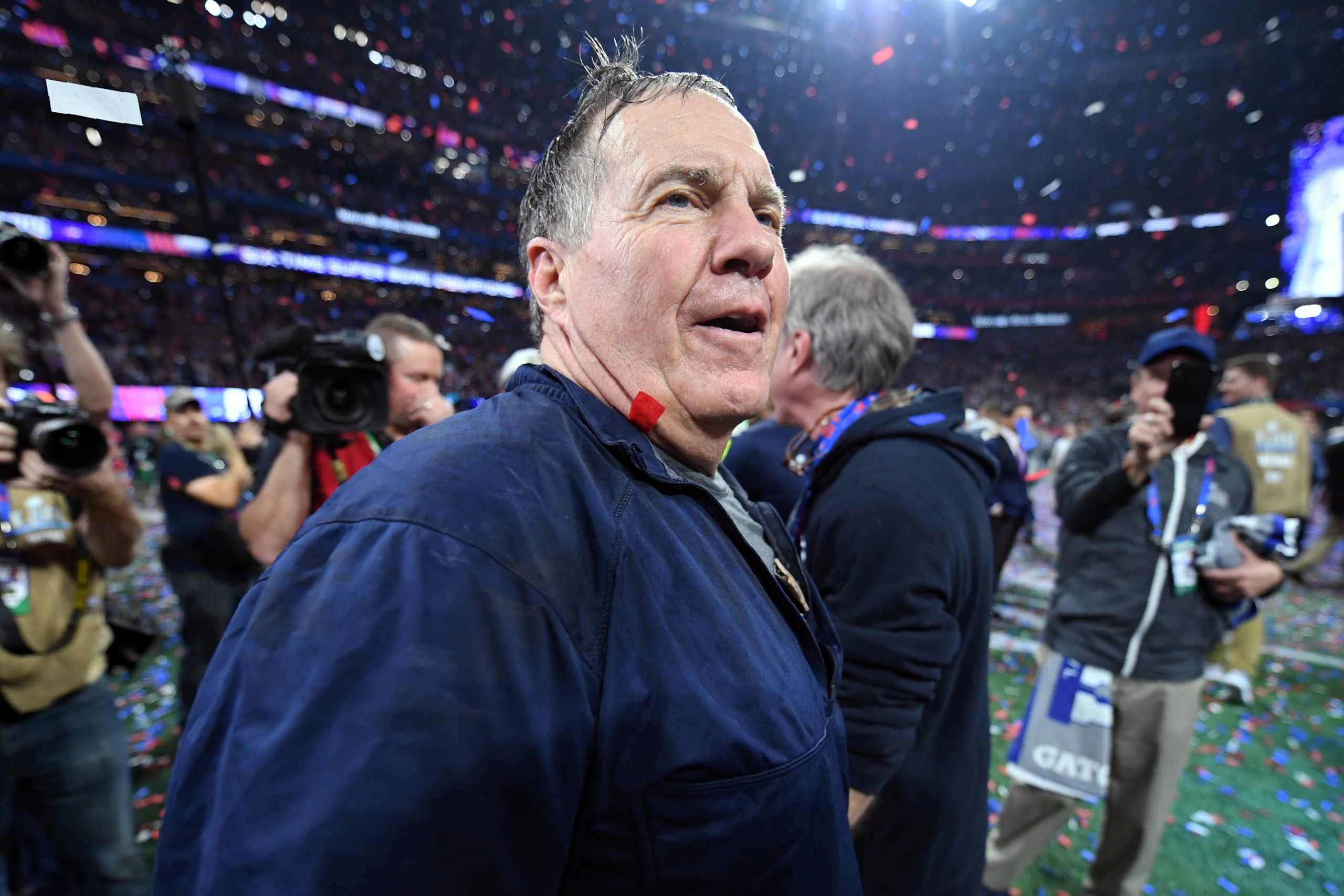 Head Coach Bill Belichick of the New England Patriots celebrates after his team won Super Bowl LIII against the Los Angeles Rams at Mercedes-Benz Stadium in Atlanta, Georgia, on February 3, 2019. (Photo by TIMOTHY A. CLARY / AFP)        (Photo credit shou