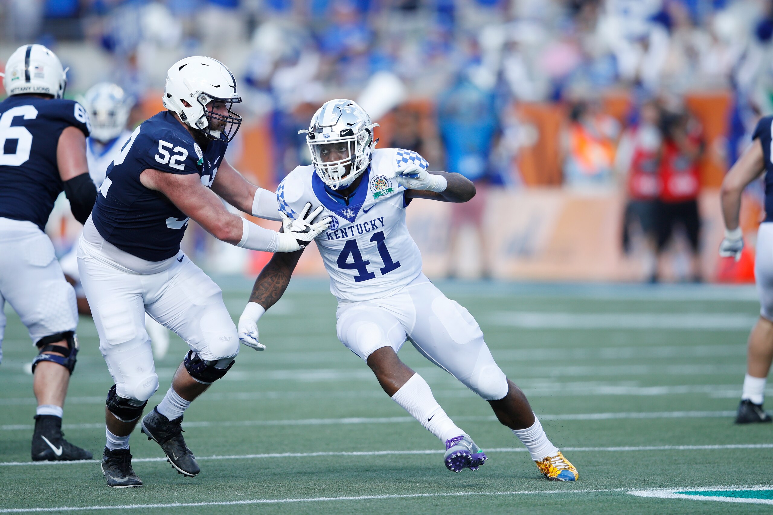 ORLANDO, FL - JANUARY 01: Josh Allen #41 of the Kentucky Wildcats in action against the Penn State Nittany Lions during the VRBO Citrus Bowl at Camping World Stadium on January 1, 2019 in Orlando, Florida. Kentucky won 27-24. (Photo by Joe Robbins/Getty I