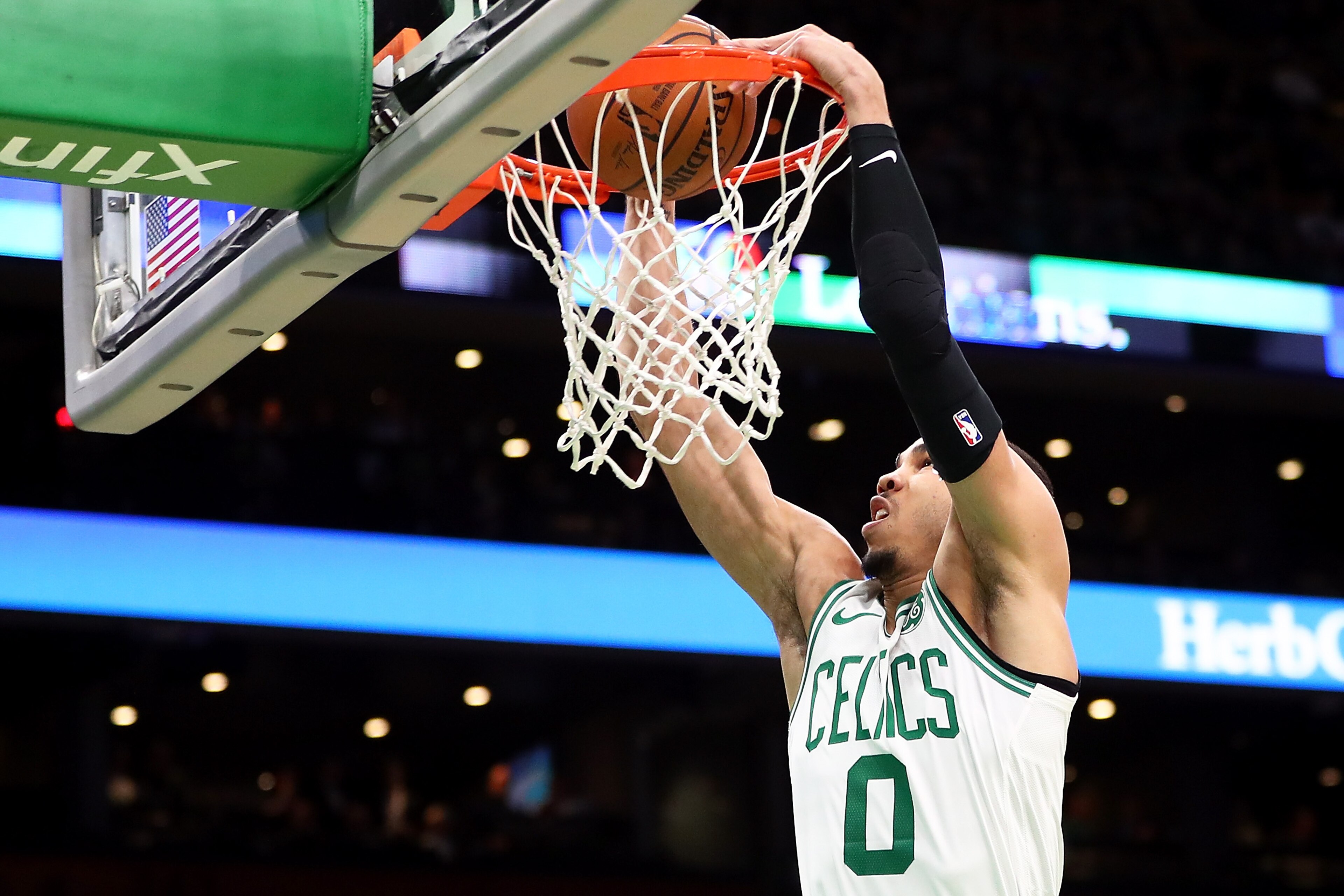 BOSTON, MA - JANUARY 28: Jayson Tatum #0 of the Boston Celtics dunks the ball during a game against the Brooklyn Nets at TD Garden on January 28, 2019 in Boston, Massachusetts. NOTE TO USER: User expressly acknowledges and agrees that, by downloading and 