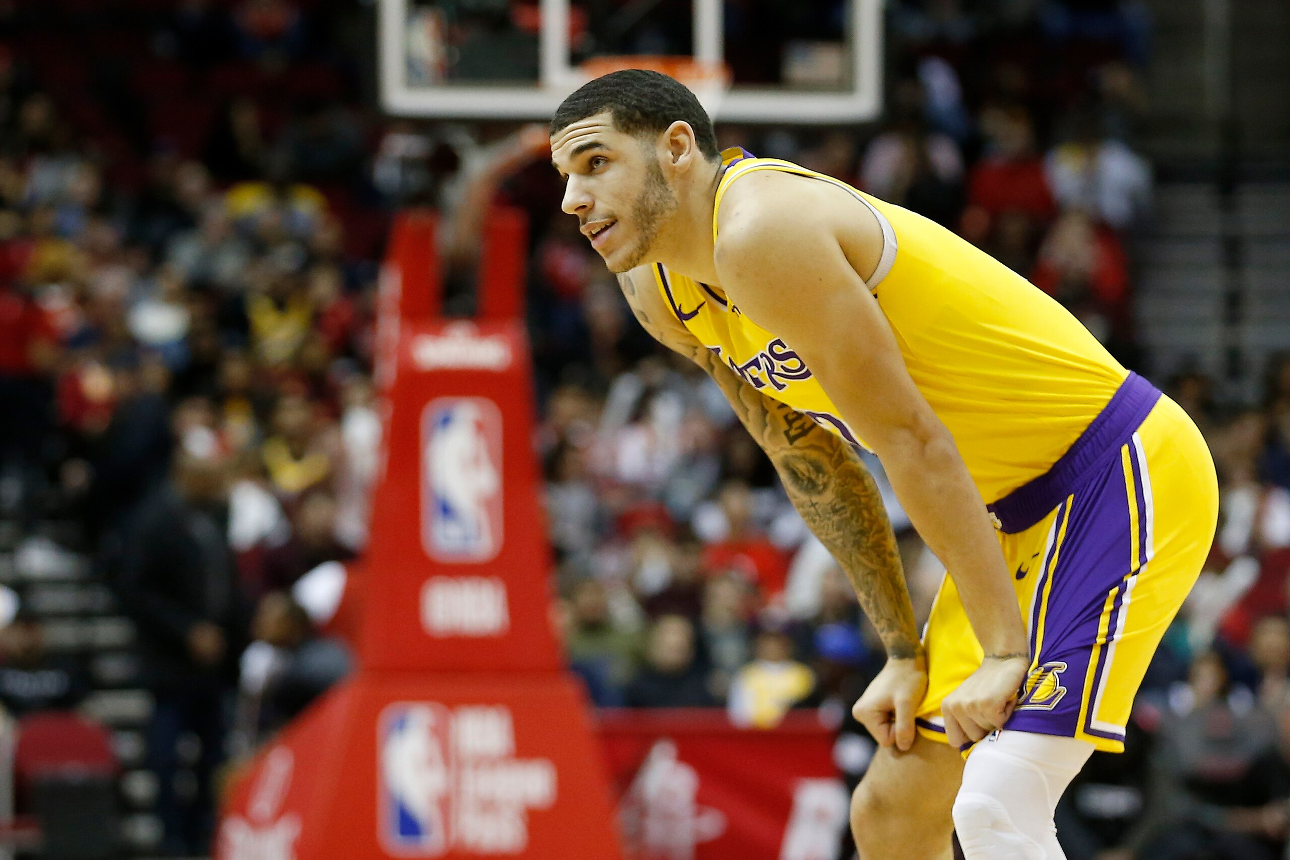 HOUSTON, TX - JANUARY 19:  Lonzo Ball #2 of the Los Angeles Lakers reacts after a foul against the Houston Rockets in the first half at Toyota Center on January 19, 2019 in Houston, Texas.  NOTE TO USER: User expressly acknowledges and agrees that, by dow