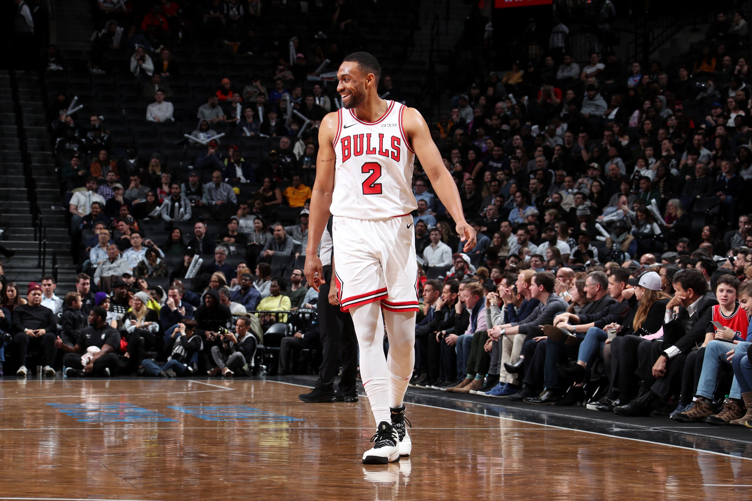 BROOKLYN, NY - JANUARY 29:  Jabari Parker #2 of the Chicago Bulls smiles during the game against the Brooklyn Nets on January 29, 2019 at Barclays Center in Brooklyn, New York. NOTE TO USER: User expressly acknowledges and agrees that, by downloading and 