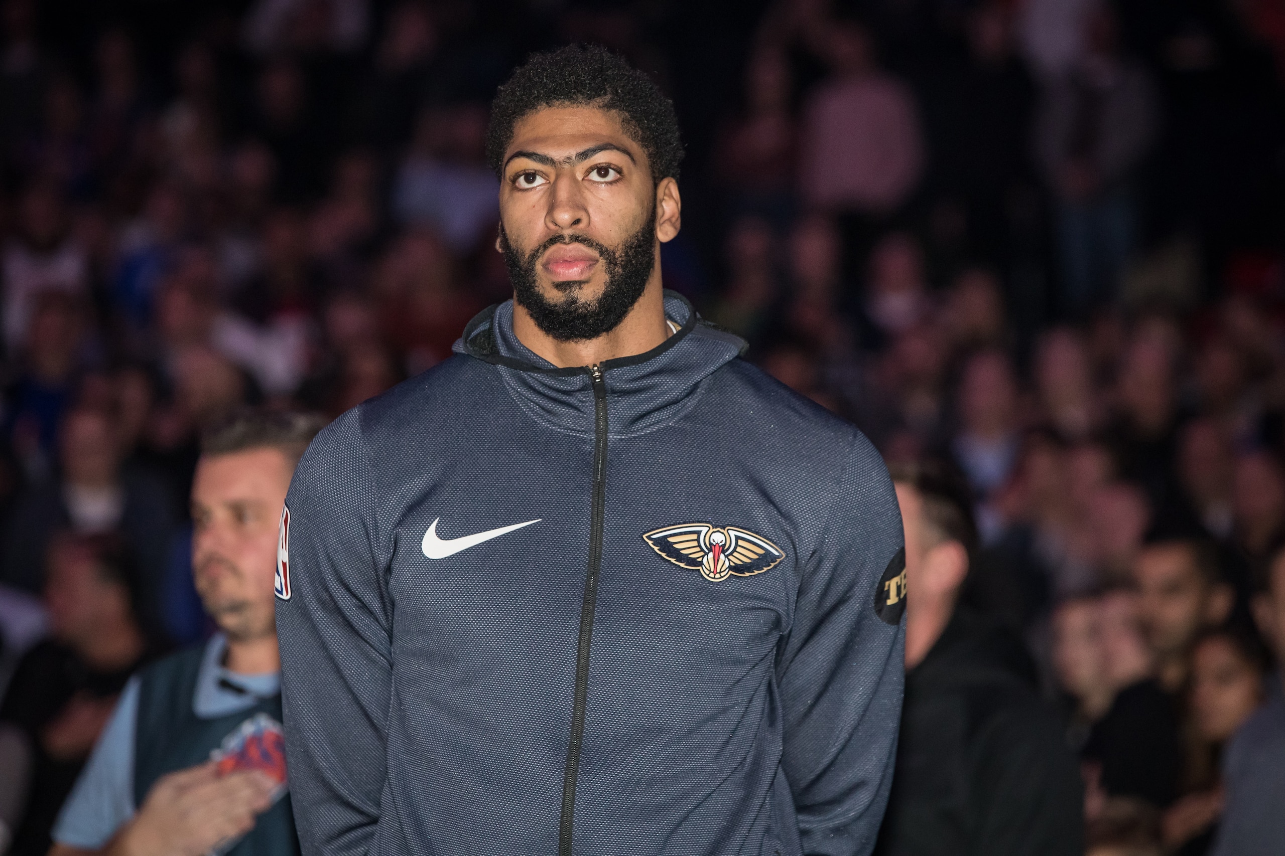 NEW YORK, NY - NOVEMBER 23: Anthony Davis #23 of the New Orleans Pelicans stands for the National Anthem prior to a game against the New York Knicks on November 23, 2018 at Madison Square Garden in New York City, New York.  NOTE TO USER: User expressly ac