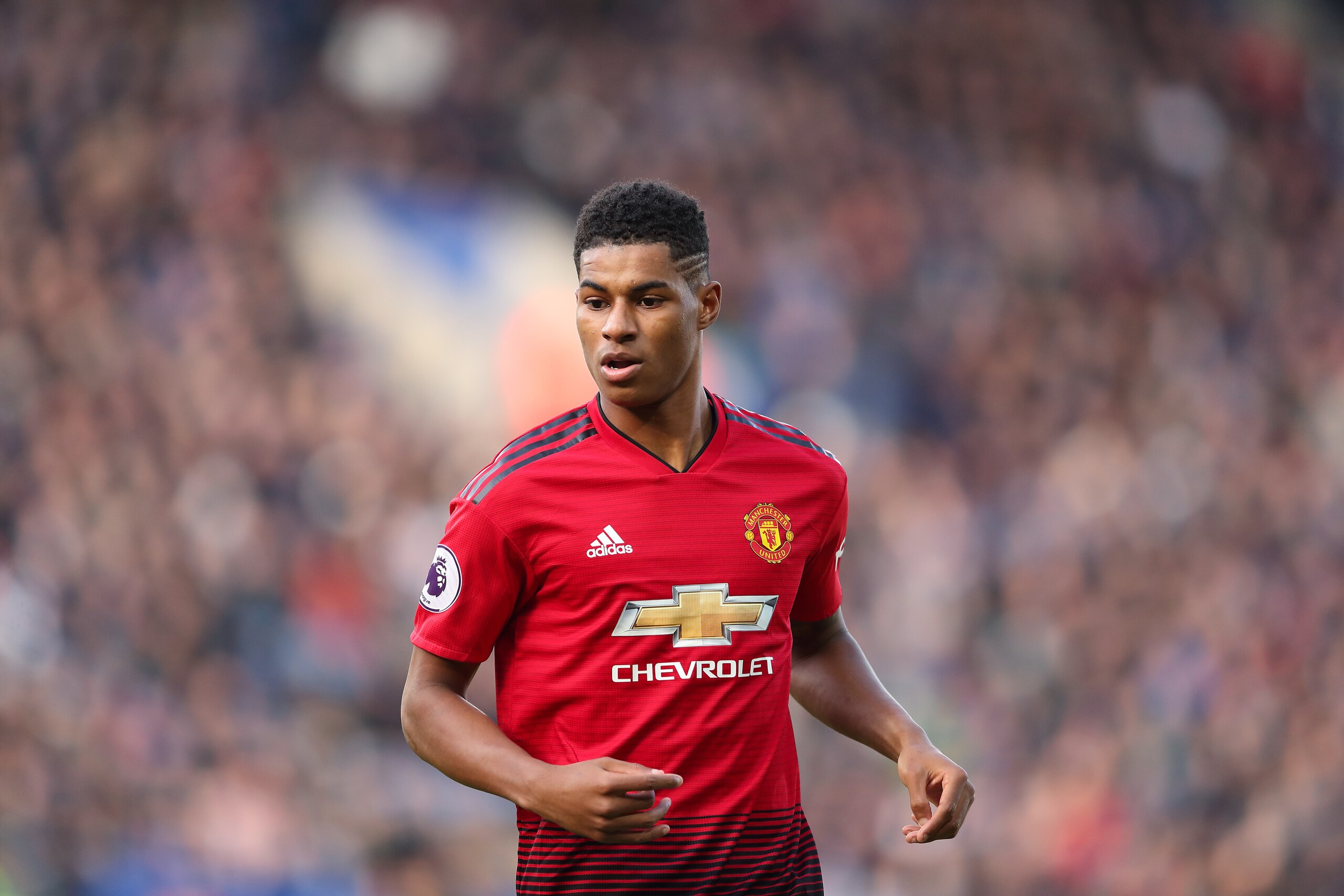 LEICESTER, ENGLAND - FEBRUARY 03: Marcus Rashford of Manchester United during the Premier League match between Leicester City and Manchester United at The King Power Stadium on February 3, 2019 in Leicester, United Kingdom. (Photo by James Williamson - AM