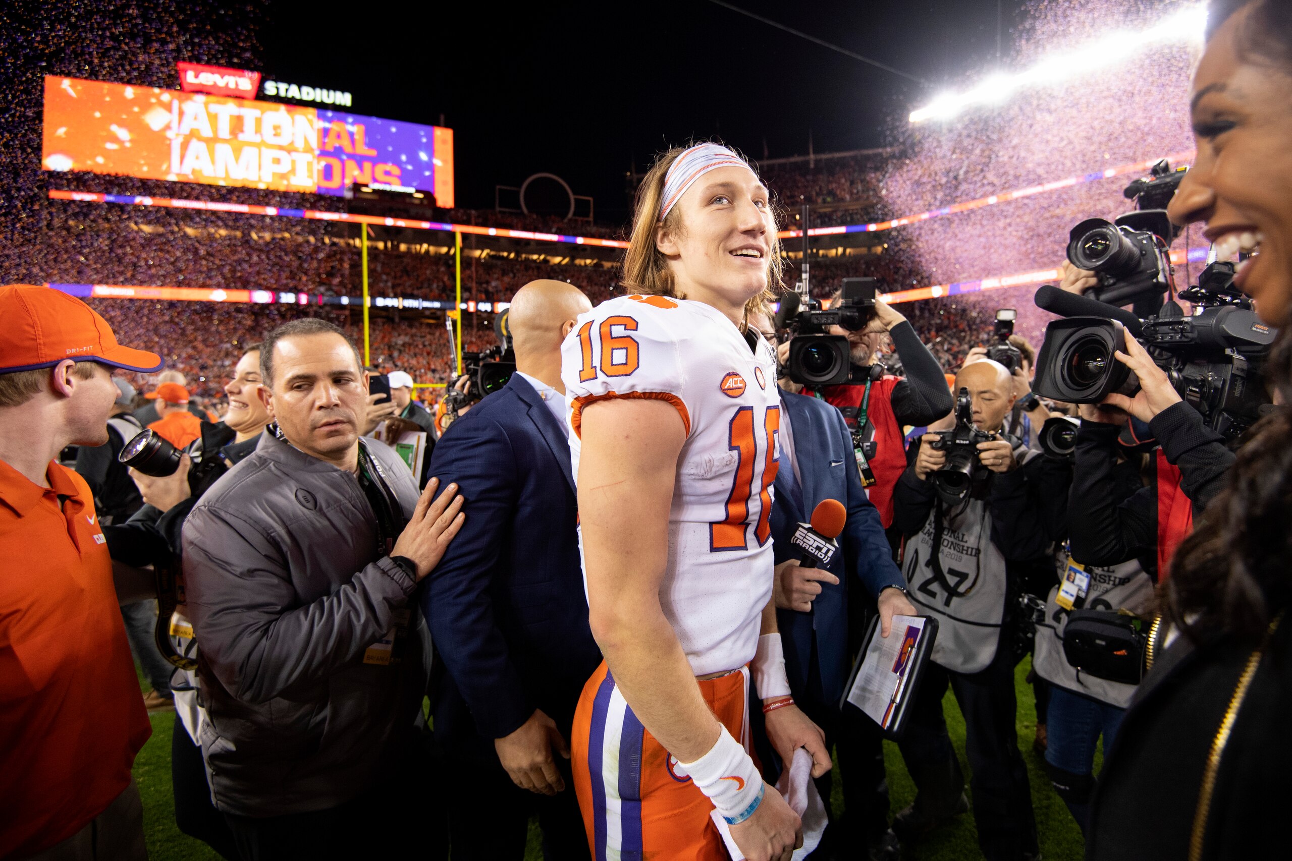 SANTA CLARA, CA - JANUARY 07: Trevor Lawrence #16 of the Clemson Tigers celebrates after defeating the Alabama Crimson Tide during the College Football Playoff National Championship held at Levi's Stadium on January 7, 2019 in Santa Clara, California. The SANTA CLARA, CA - JANUARY 07: Trevor Lawrence #16 of the Clemson Tigers celebrates after defeating the Alabama Crimson Tide during the College Football Playoff National Championship held at Levi's Stadium on January 7, 2019 in Santa Clara, California. The