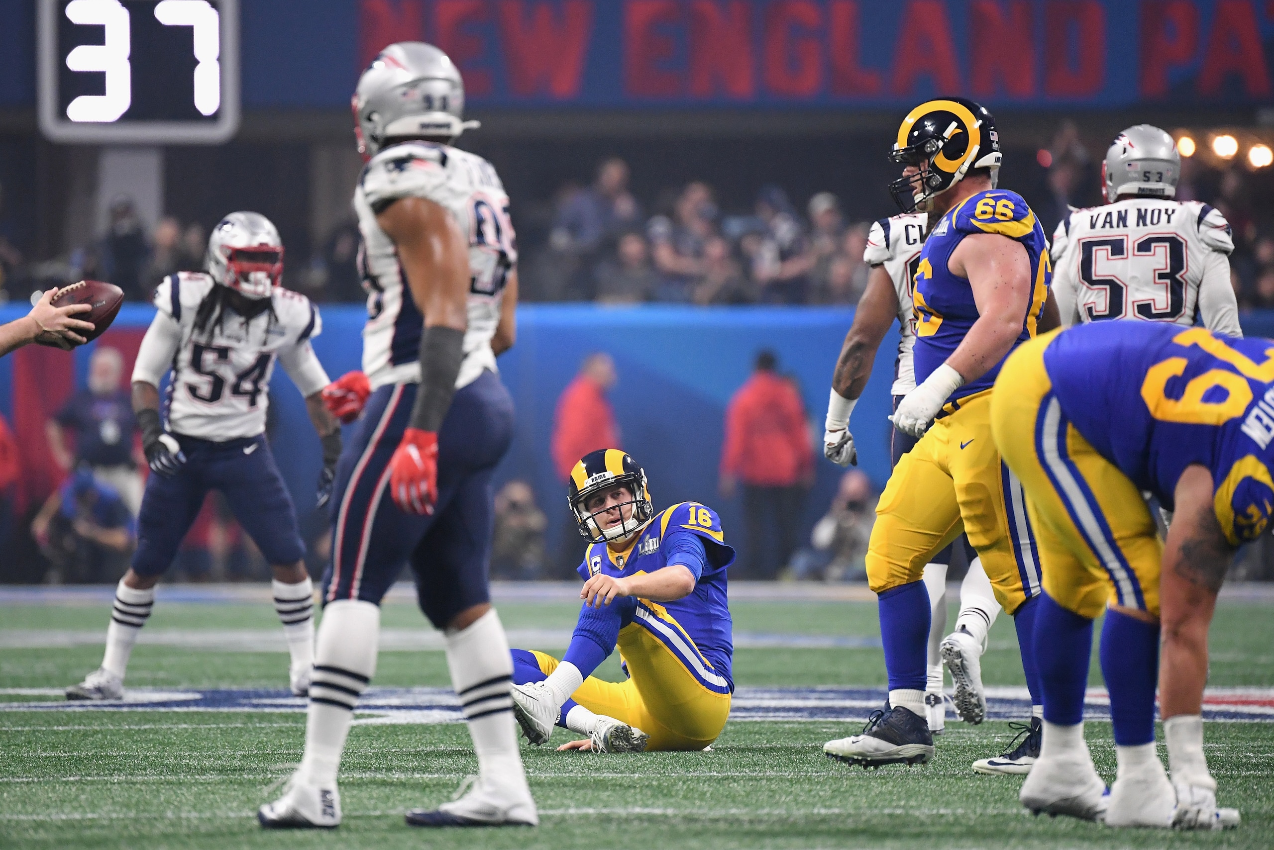 ATLANTA, GA - FEBRUARY 03: Jared Goff #16 of the Los Angeles Rams lies on the turf after receiving a hit in the second half during Super Bowl LIII against the New England Patriots at Mercedes-Benz Stadium on February 3, 2019 in Atlanta, Georgia.  (Photo b