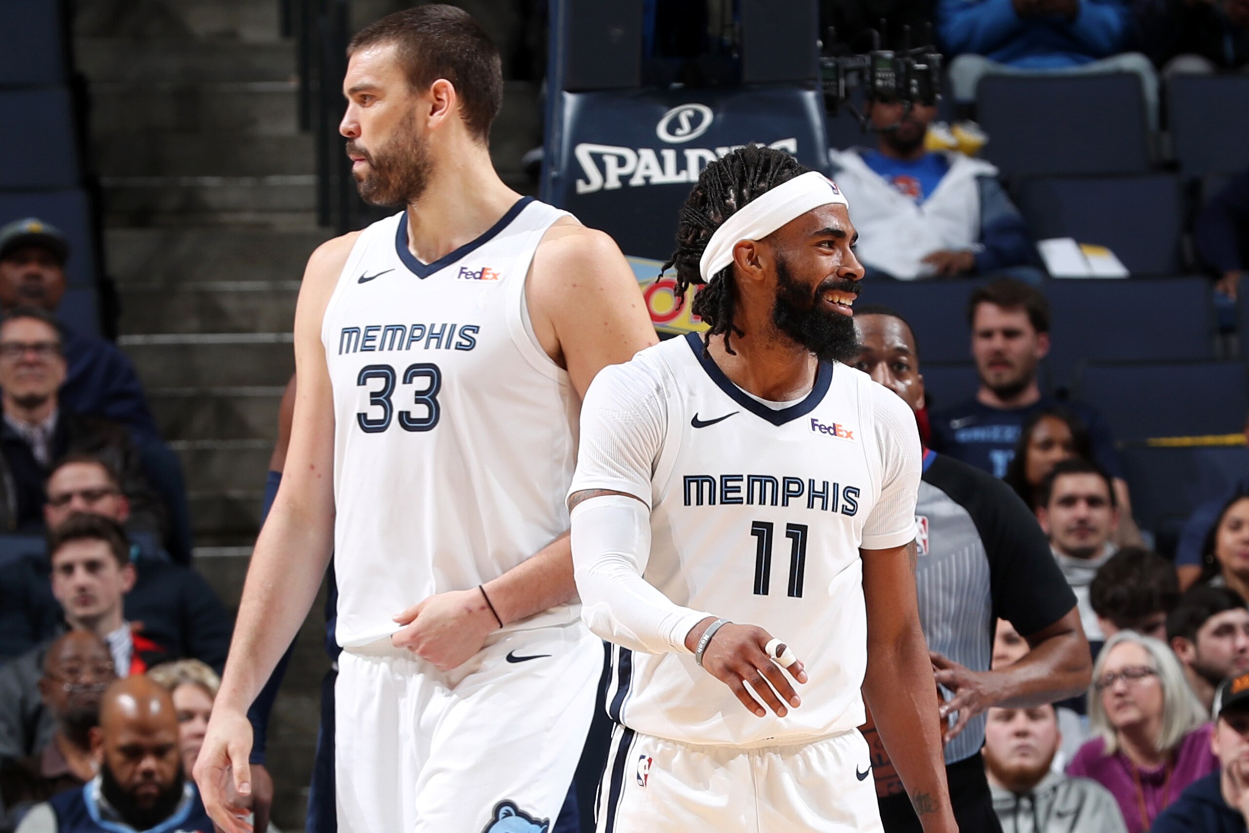 MEMPHIS, TN - JANUARY 28: Marc Gasol #33 and Mike Conley #11 of the Memphis Grizzlies look on on January 28, 2019 at FedExForum in Memphis, Tennessee. NOTE TO USER: User expressly acknowledges and agrees that, by downloading and or using this photograph, 