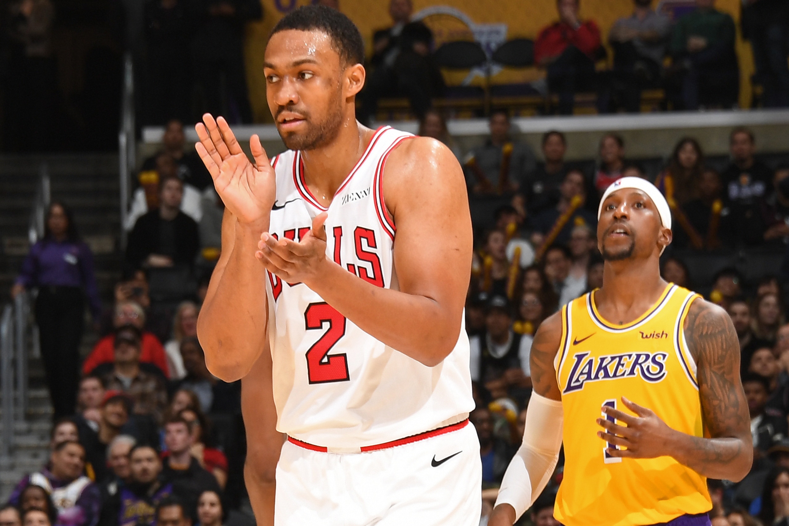 LOS ANGELES, CA - JANUARY 15: Jabari Parker #2 of the Chicago Bulls reacts to a play during the game against the Los Angeles Lakers on January 15, 2019 at STAPLES Center in Los Angeles, California. NOTE TO USER: User expressly acknowledges and agrees that