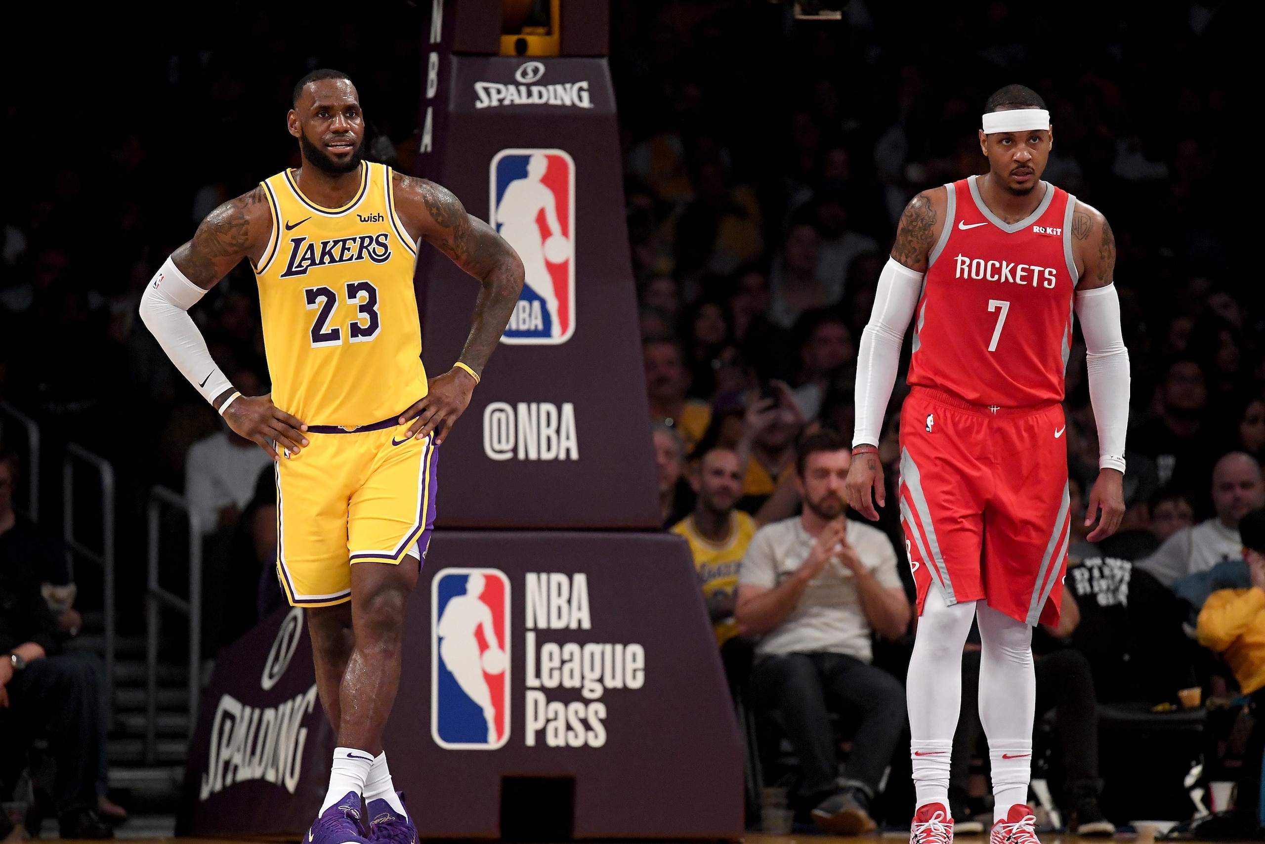LOS ANGELES, CA - OCTOBER 20:  LeBron James #23 of the Los Angeles Lakers and Carmelo Anthony #7 of the Houston Rockets wait for and inbound at Staples Center on October 20, 2018 in Los Angeles, California.  (Photo by Harry How/Getty Images)