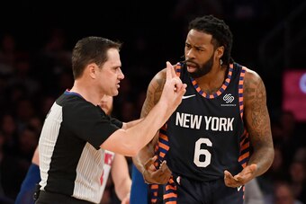 NEW YORK, NEW YORK - FEBRUARY 05: DeAndre Jordan #6 of the New York Knicks reacts after he fouls out of the game during the fourth quarter of the game against the Detroit Pistons at Madison Square Garden on February 05, 2019 in New York City. NOTE TO USER