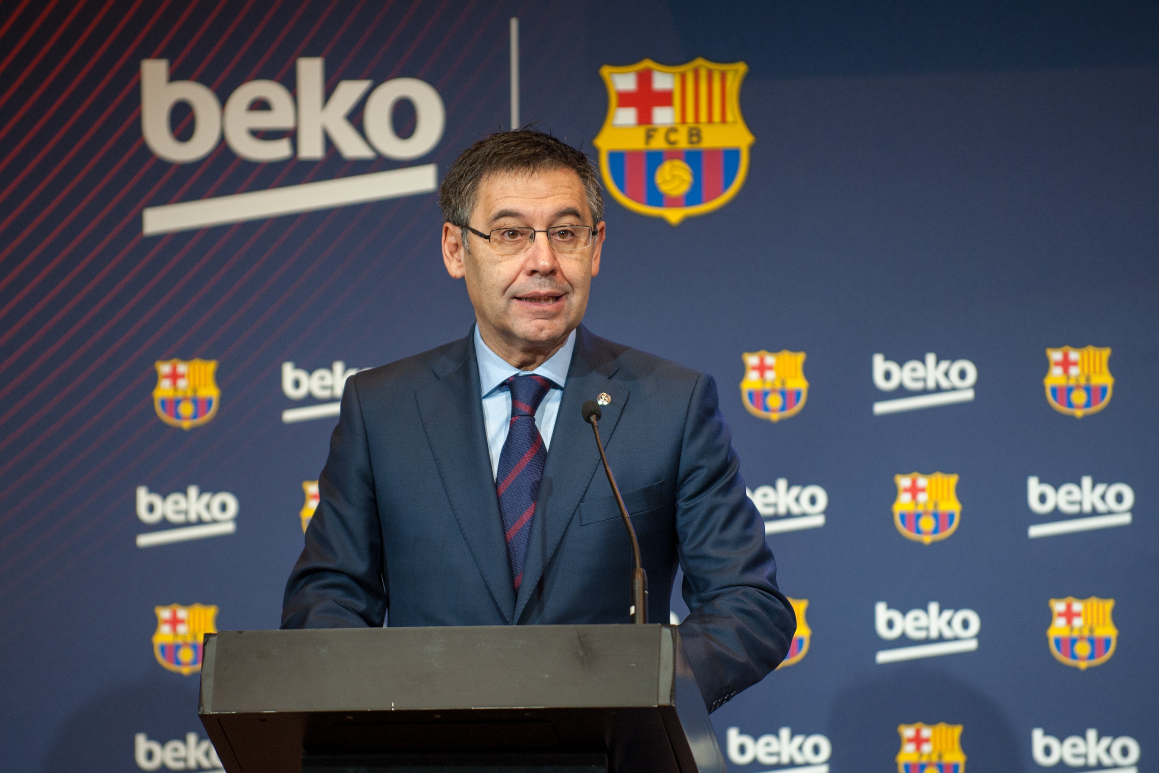 BARCELONA, SPAIN - FEBRUARY 15:  Josep Maria Bartomeu attends a press presentation as Barcelona FC and Beko announce a sponsorship agreement, atCamp Nou Auditori 1899 on February 15, 2018 in Barcelona, Spain. Football Club Barcelona and Turkish company Be