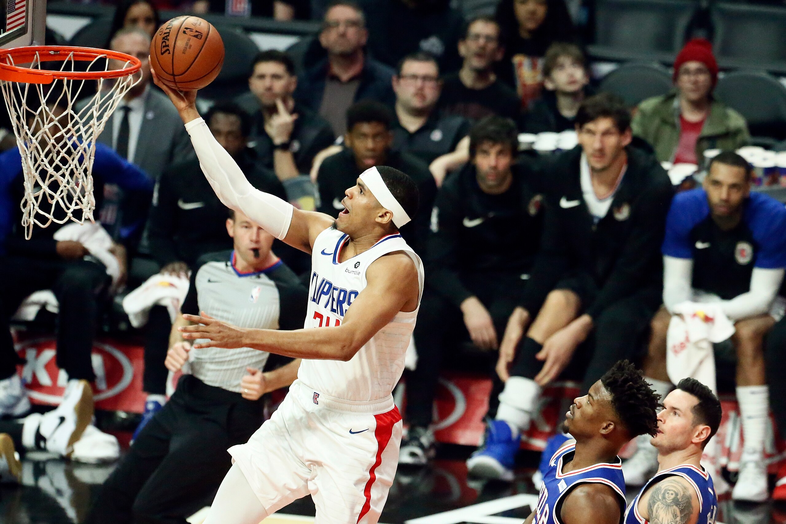 LOS ANGELES, CA - JANUARY 1:   Tobias Harris #34 of the LA Clippers shoots the ball against the Philadelphia 76ers on January 1, 2019 at STAPLES Center in Los Angeles, California. NOTE TO USER: User expressly acknowledges and agrees that, by downloading a
